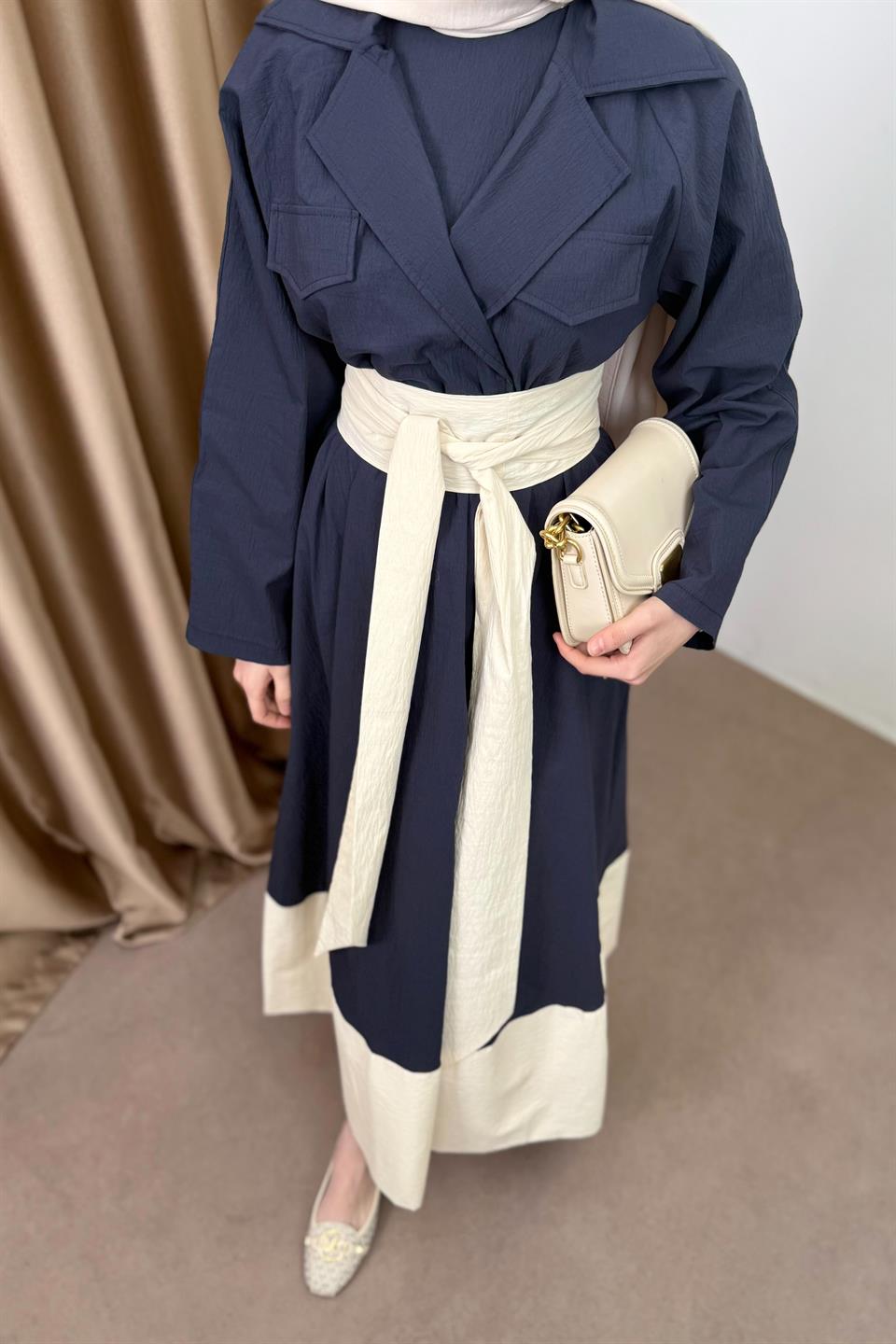 Kruvaze Yaka Garnili Elbise - Lacivert