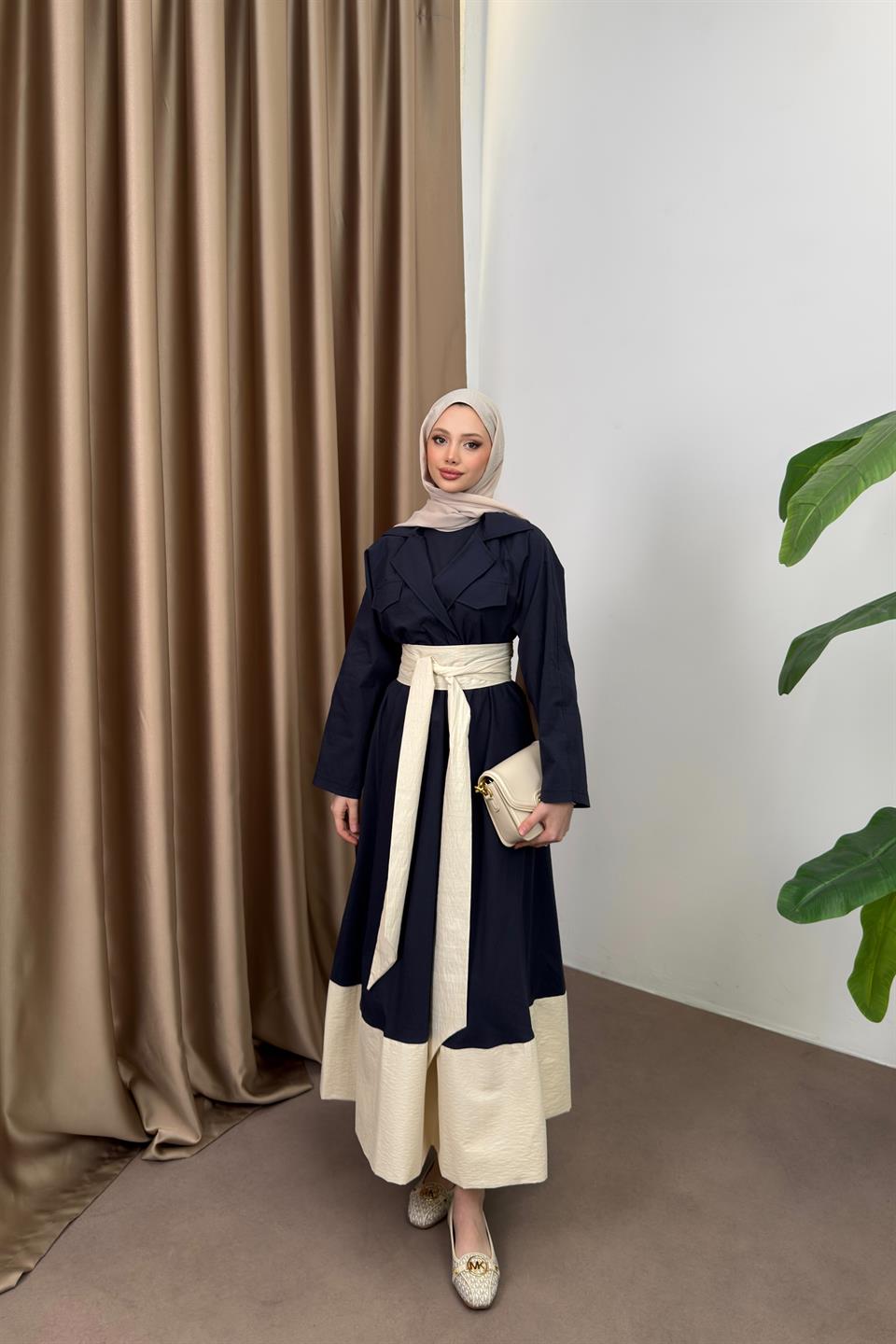 Kruvaze Yaka Garnili Elbise - Lacivert