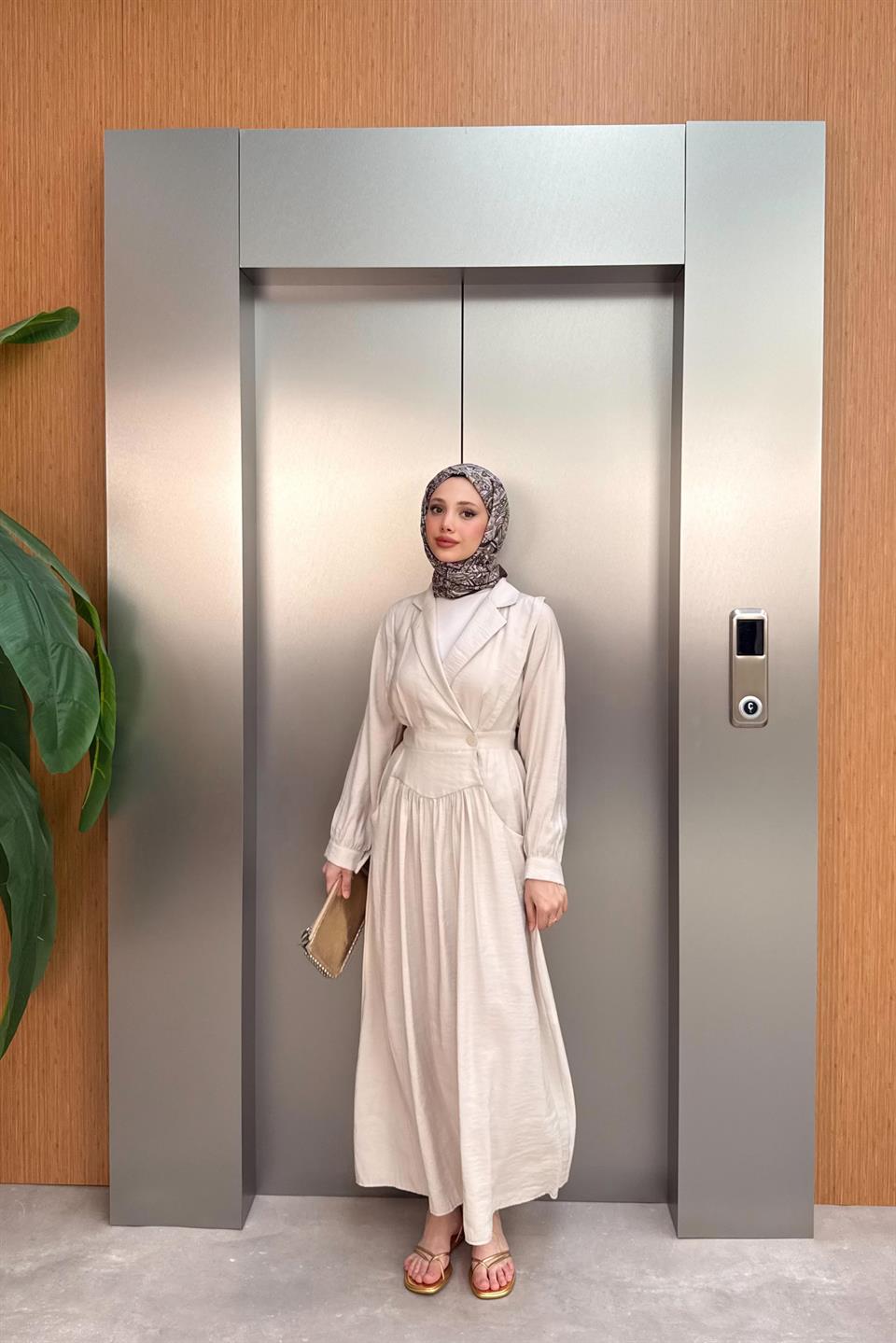 Kruvaze Yaka Modal Elbise - Bej