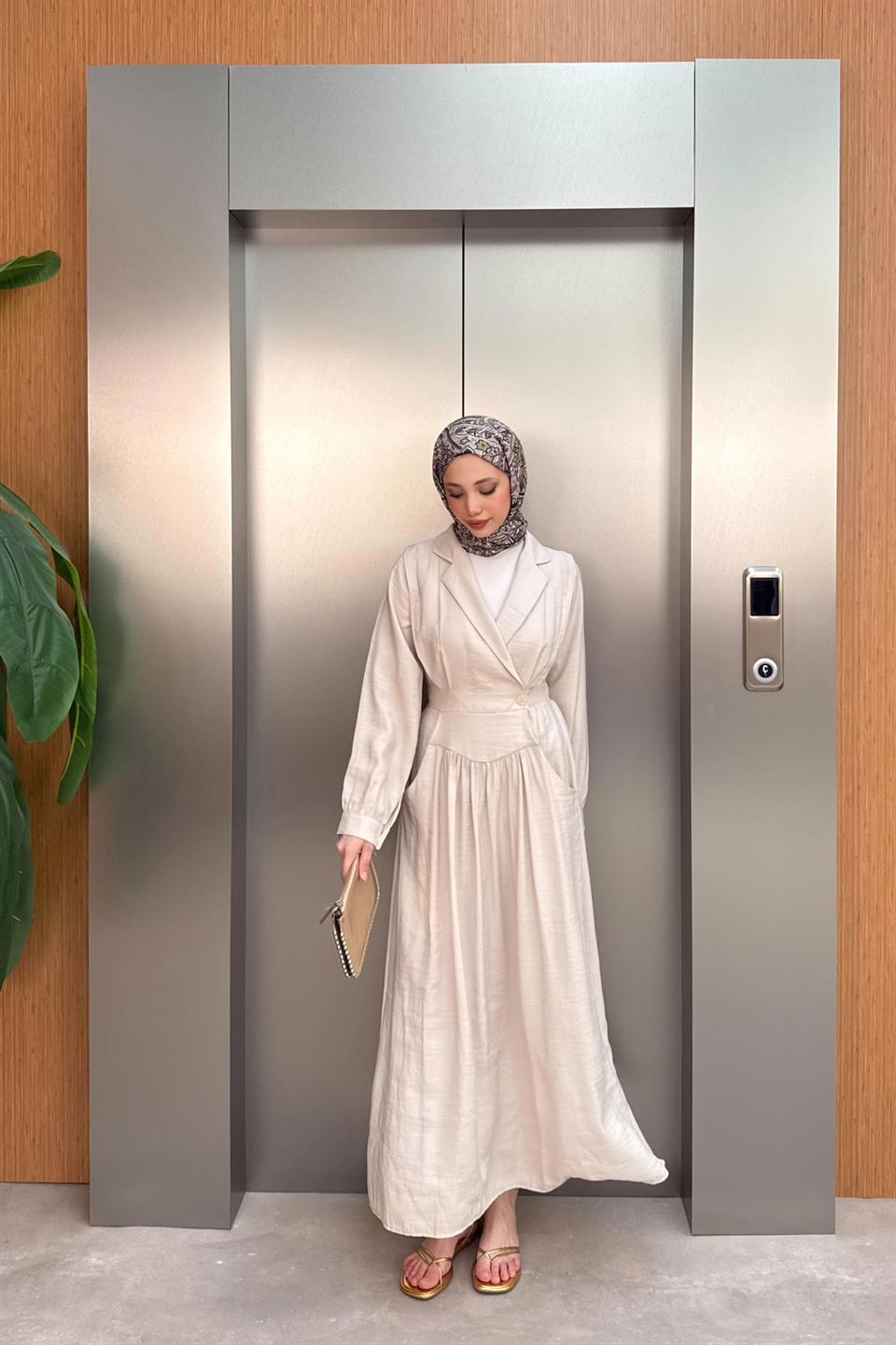 Kruvaze Yaka Modal Elbise - Bej