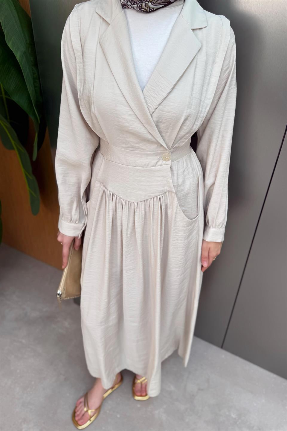 Kruvaze Yaka Modal Elbise - Bej