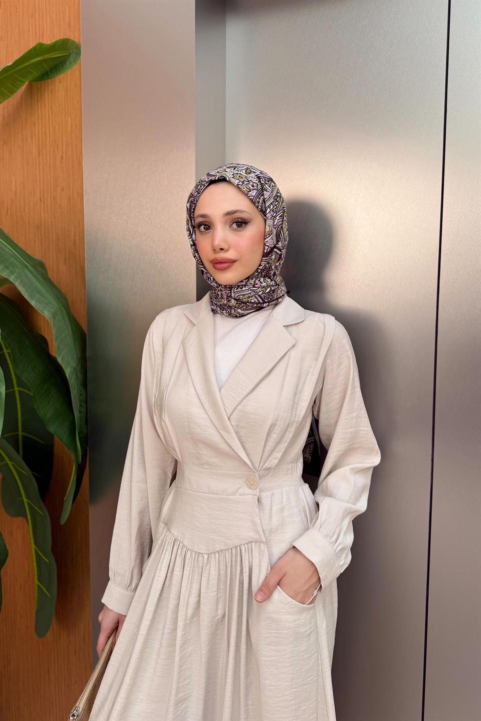 Kruvaze Yaka Modal Elbise - Bej