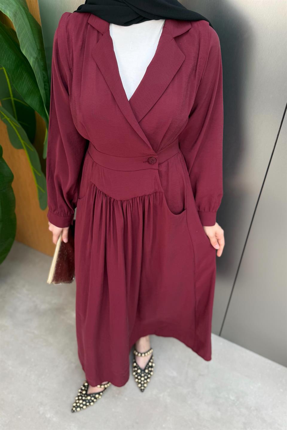 Kruvaze Yaka Modal Elbise - Bordo