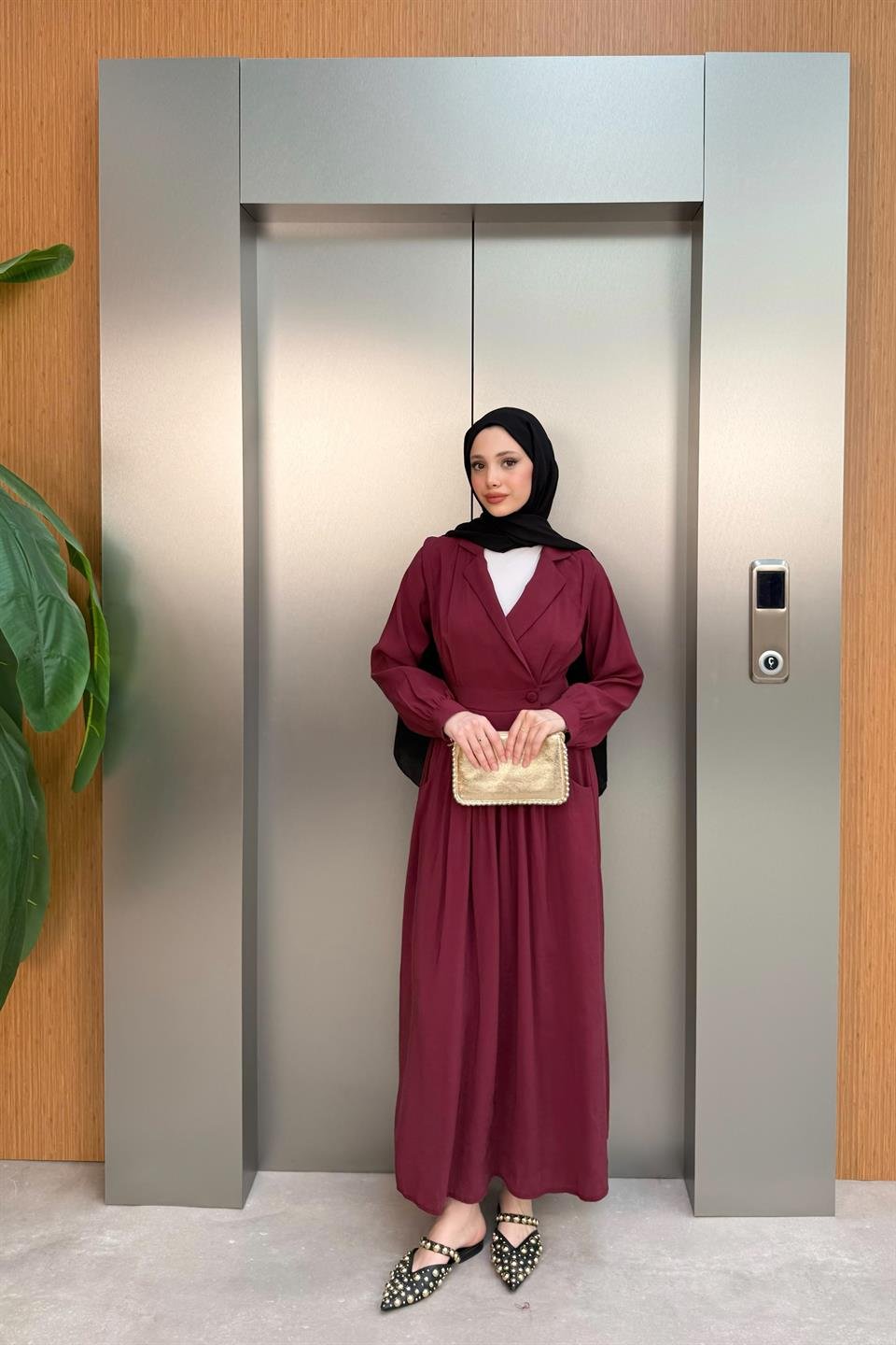 Kruvaze Yaka Modal Elbise - Bordo