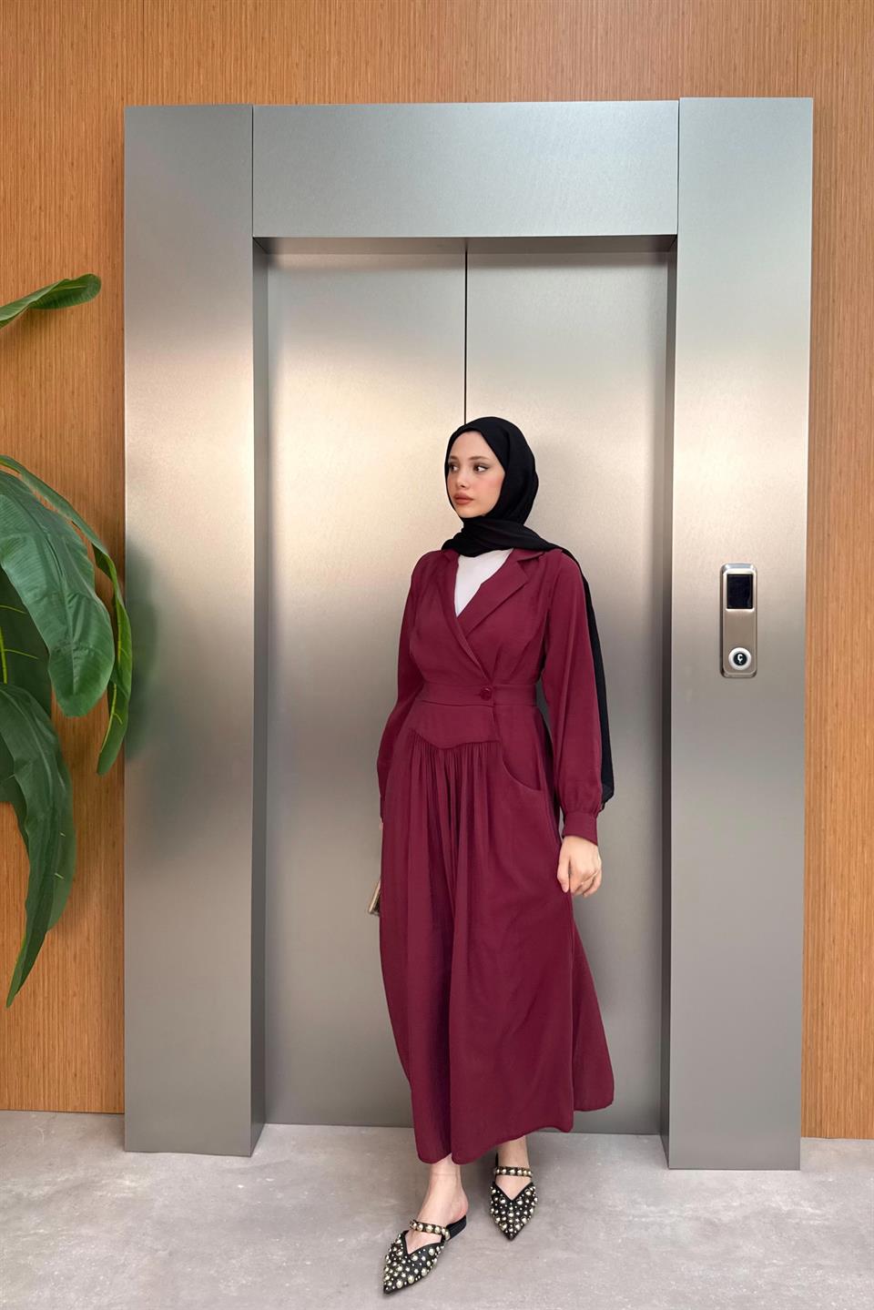 Kruvaze Yaka Modal Elbise - Bordo