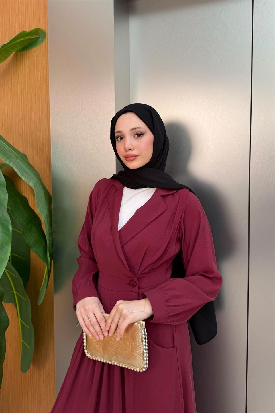 Kruvaze Yaka Modal Elbise - Bordo