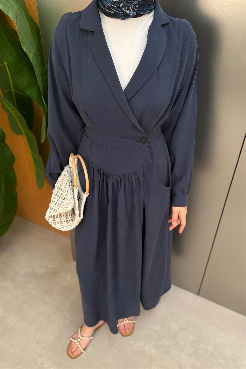 Kruvaze Yaka Modal Elbise - Lacivert