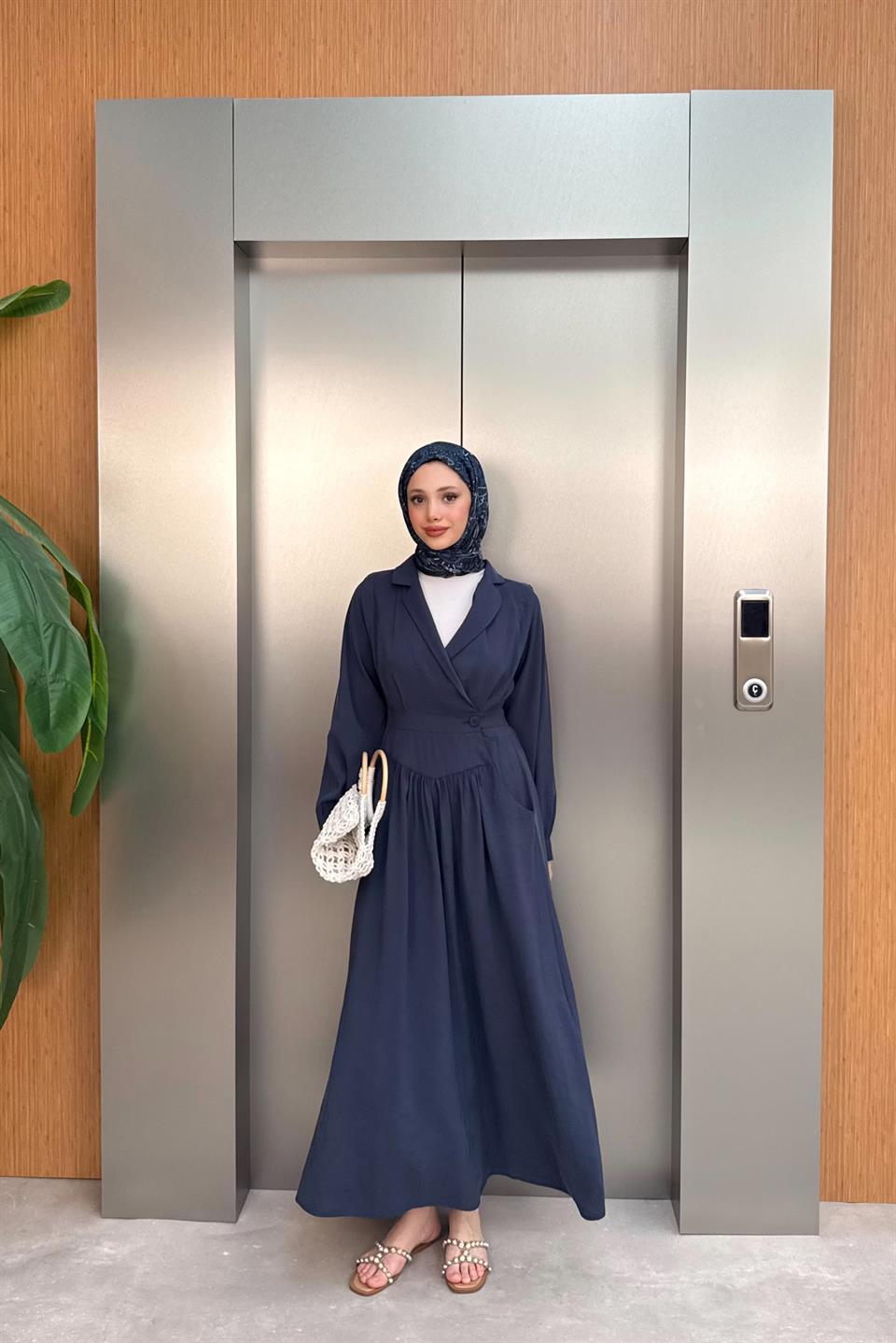Kruvaze Yaka Modal Elbise - Lacivert