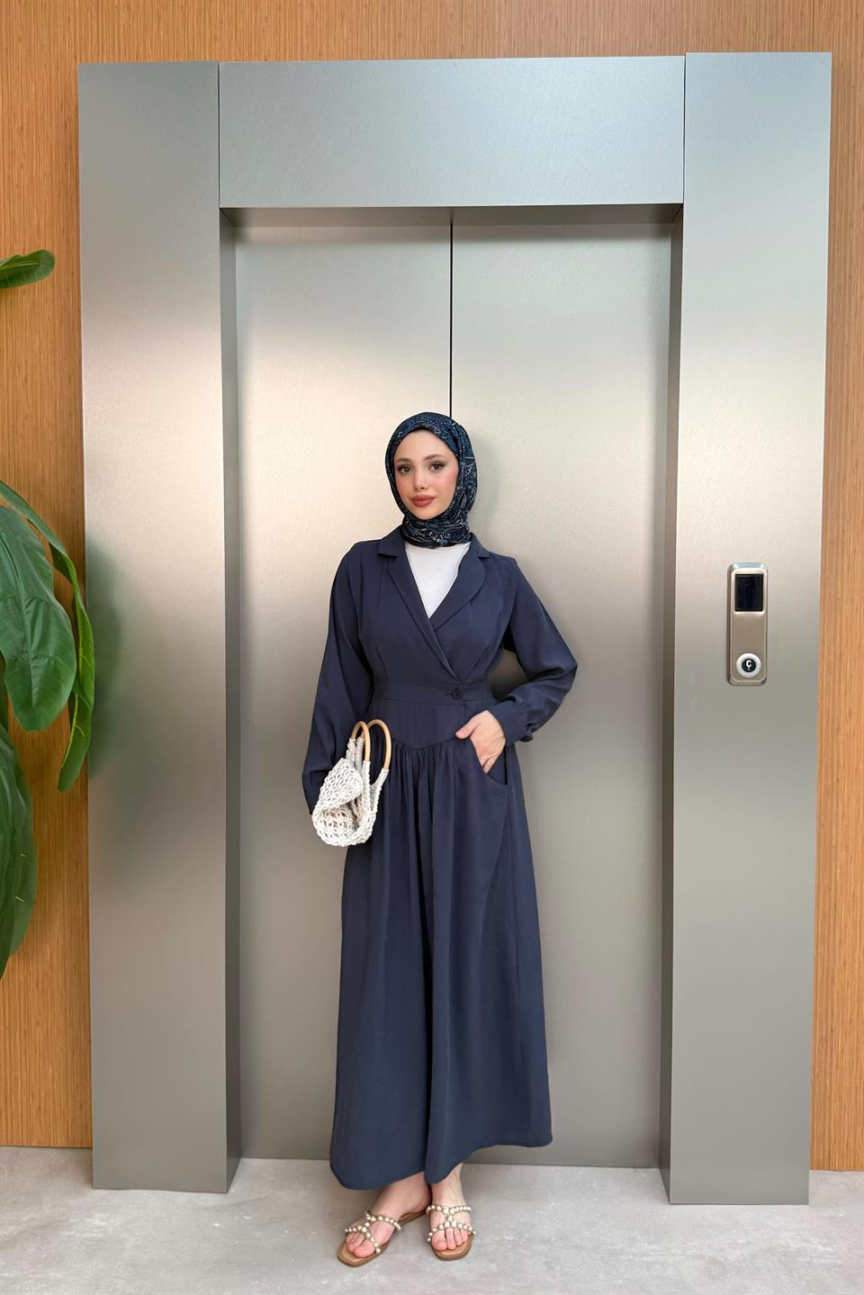 Kruvaze Yaka Modal Elbise - Lacivert