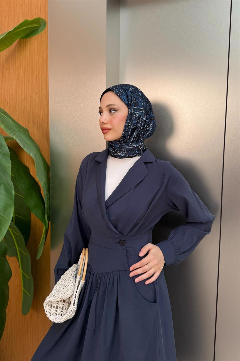 Kruvaze Yaka Modal Elbise - Lacivert