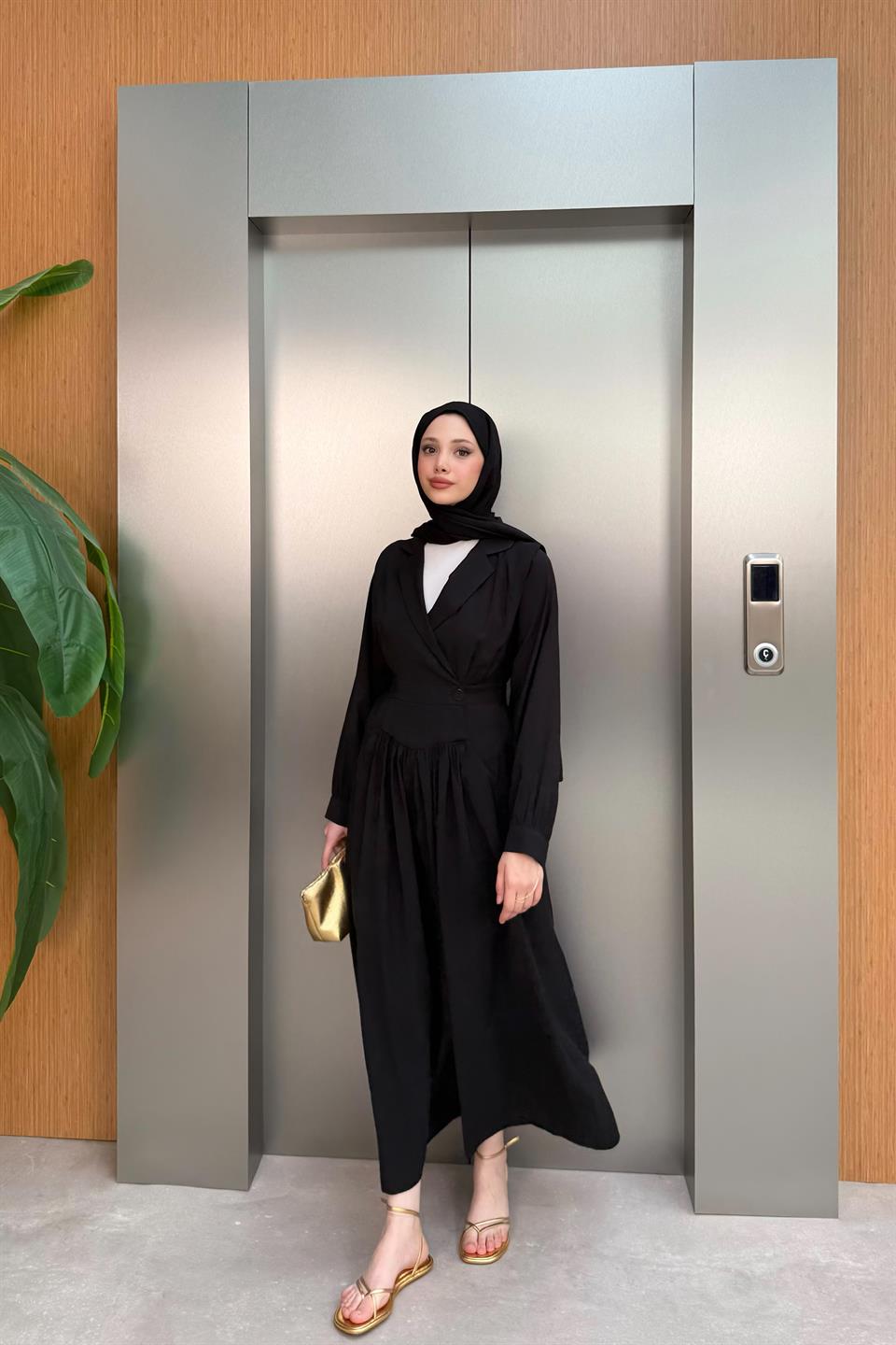 Kruvaze Yaka Modal Elbise - Siyah