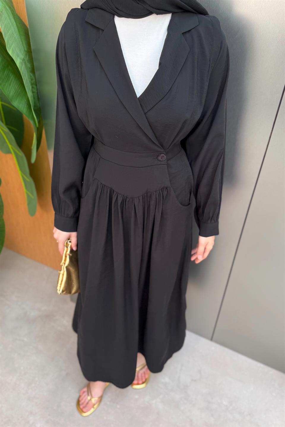 Kruvaze Yaka Modal Elbise - Siyah