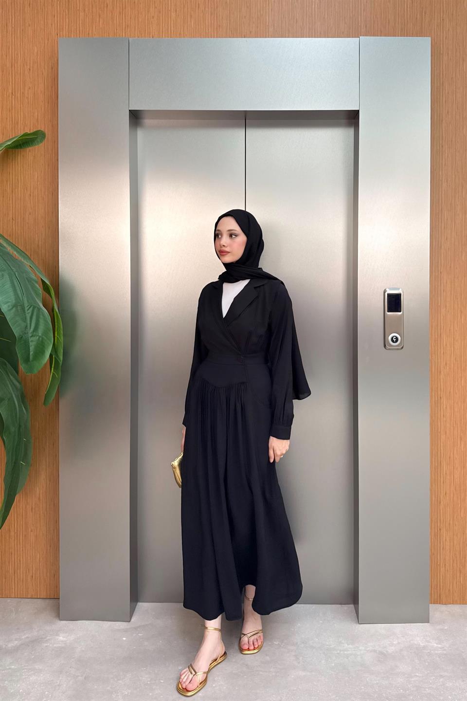 Kruvaze Yaka Modal Elbise - Siyah