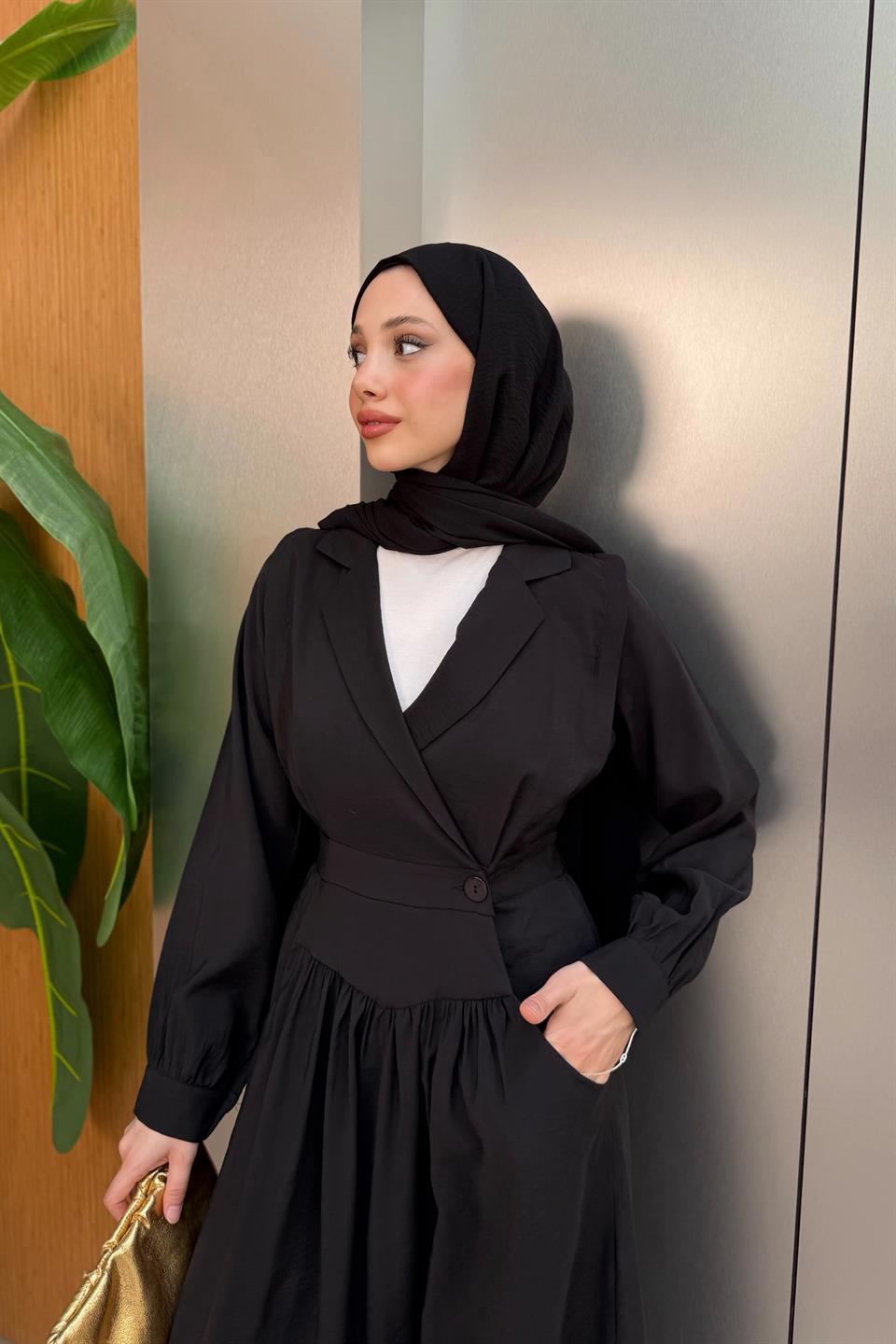 Kruvaze Yaka Modal Elbise - Siyah