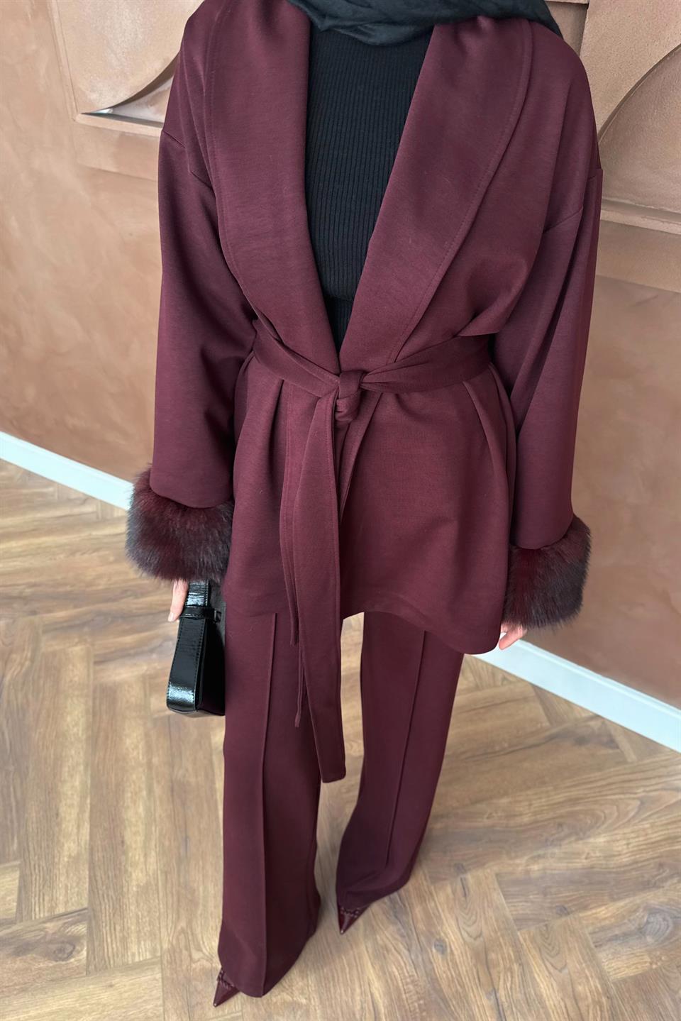 Kürk Kol Detaylı Pantolonlu Takım - Mürdüm