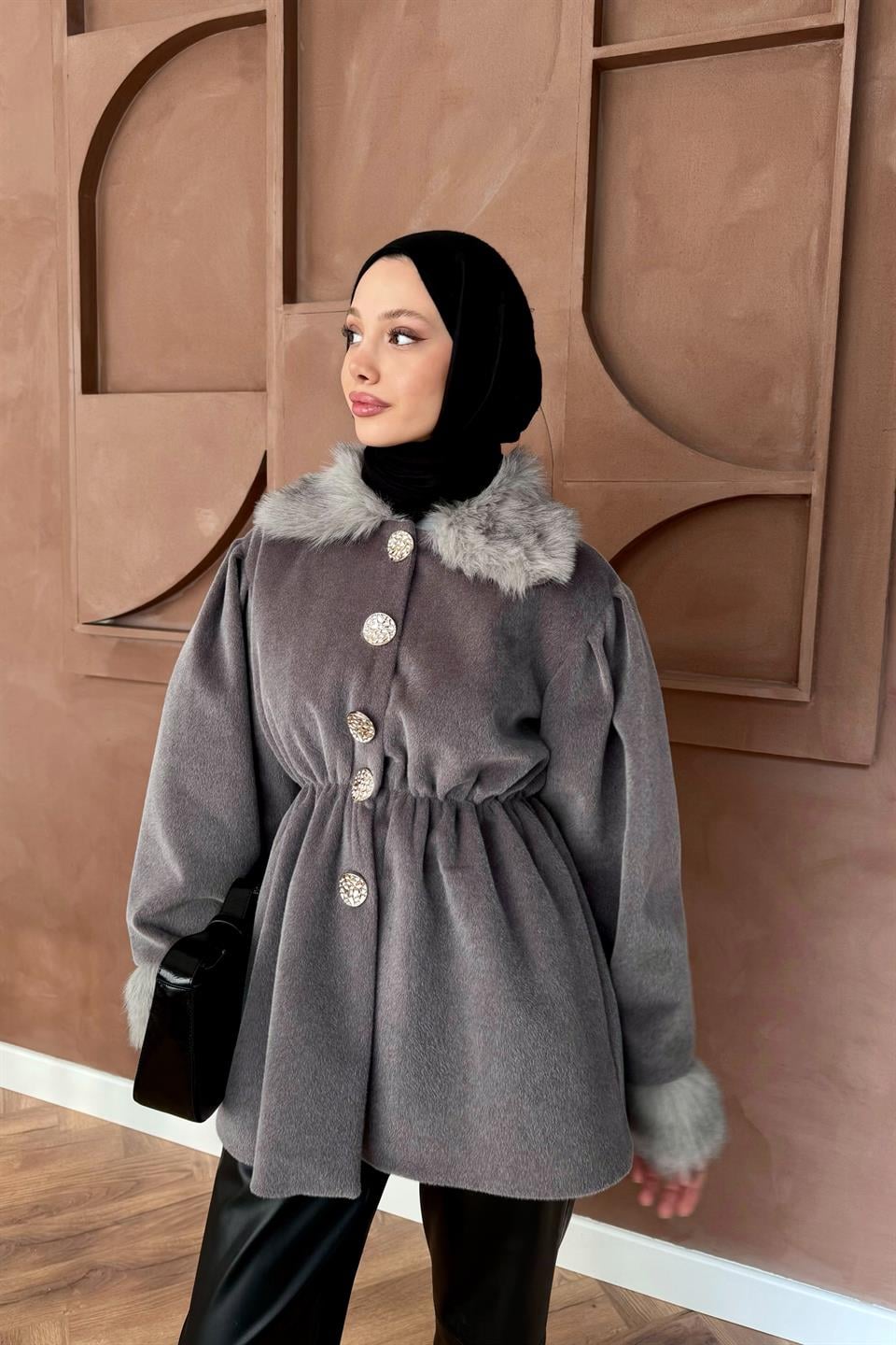 Kürk Yakalı Goldfox Kaban - Gri