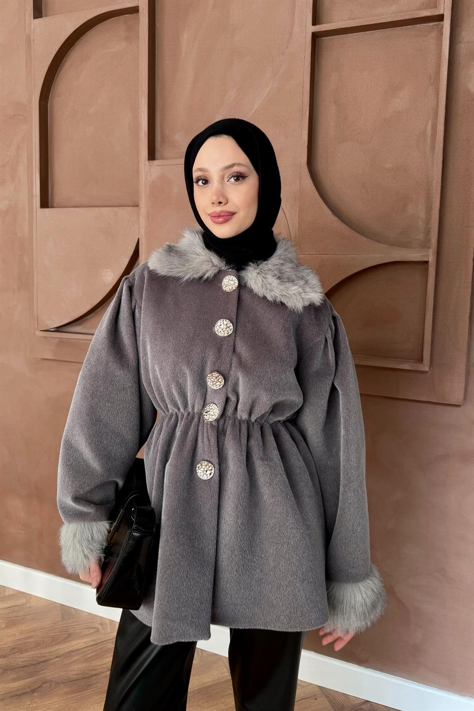 Kürk Yakalı Goldfox Kaban - Gri