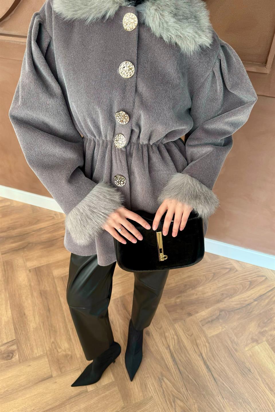 Kürk Yakalı Goldfox Kaban - Gri