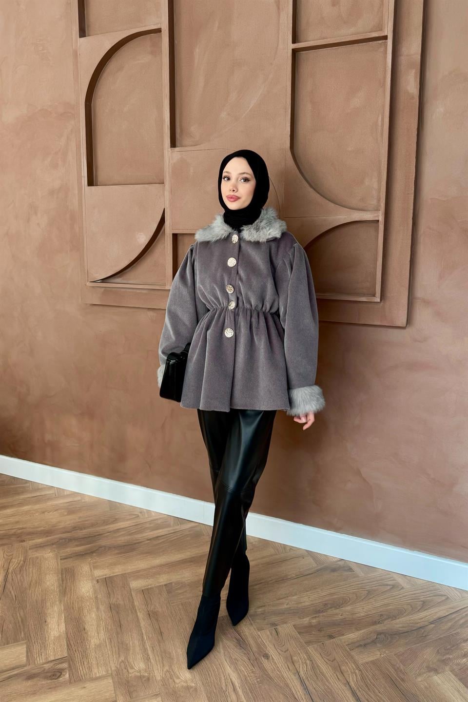 Kürk Yakalı Goldfox Kaban - Gri