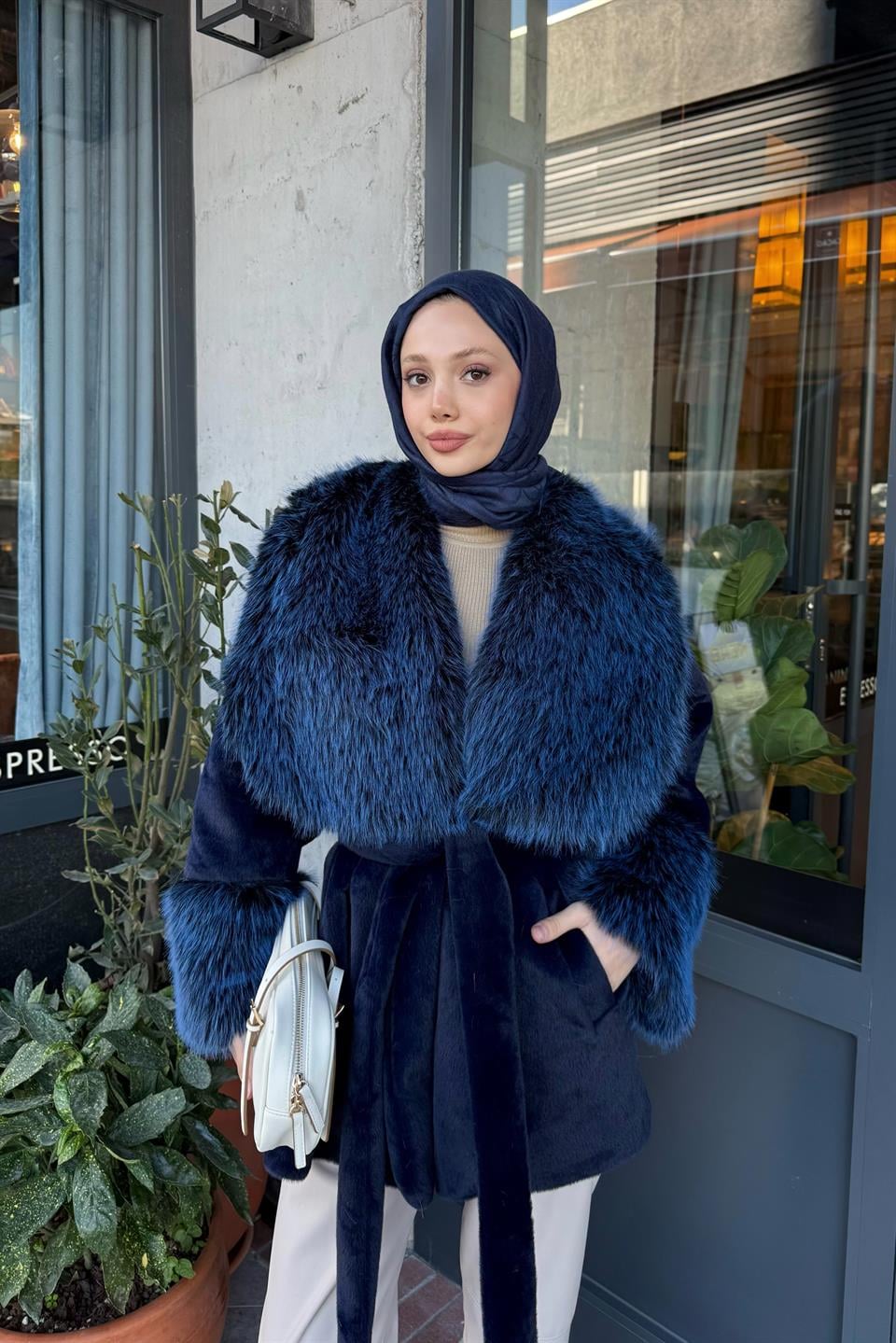 Kürk Yakalı Goldfox Kaban - Lacivert