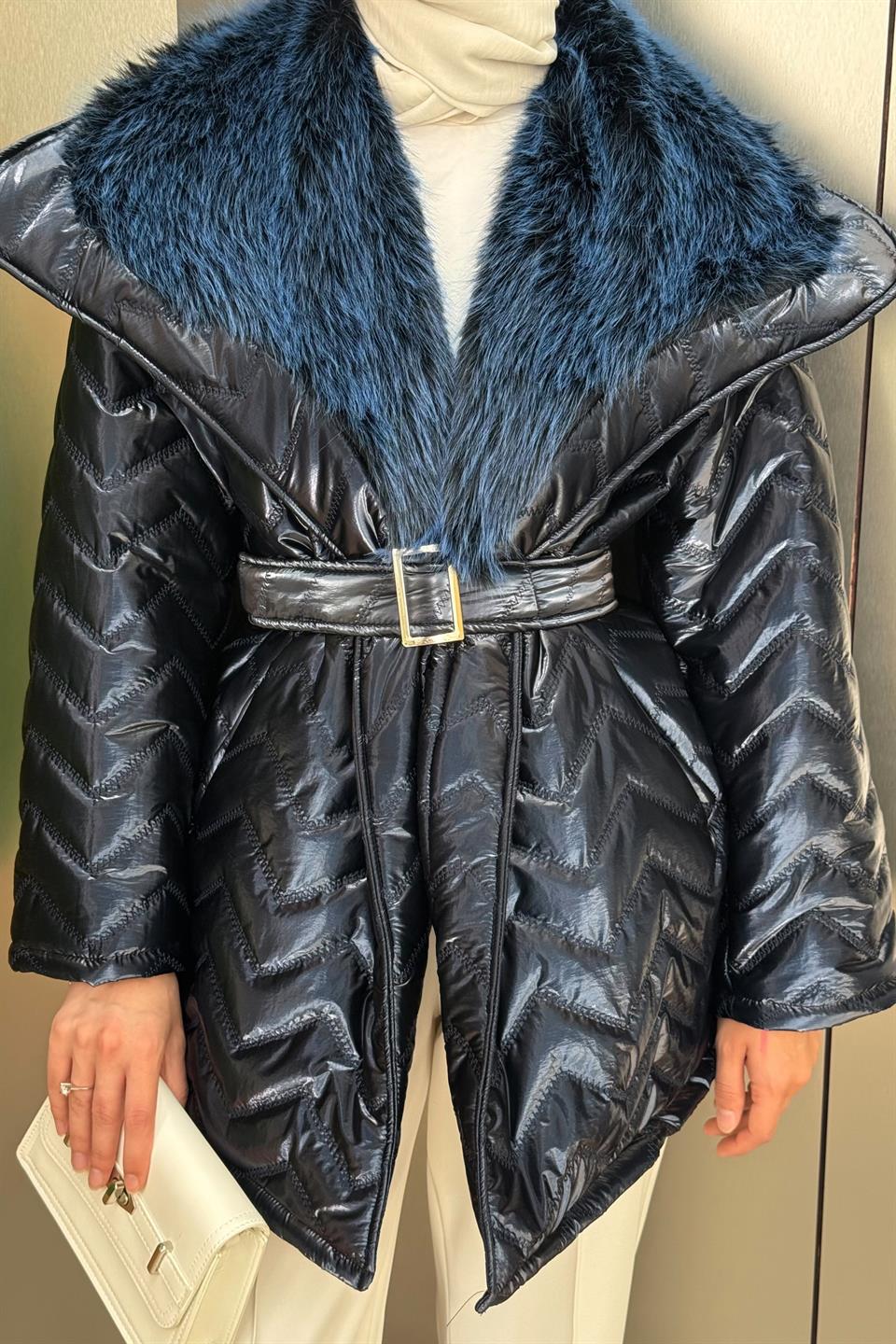 Fur Collar Coat - Navy blue 