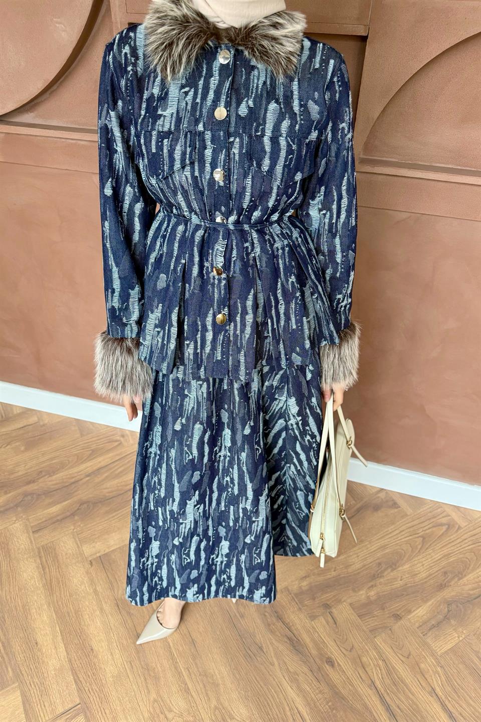 Kürklü Denim Etekli Takım - Mavi