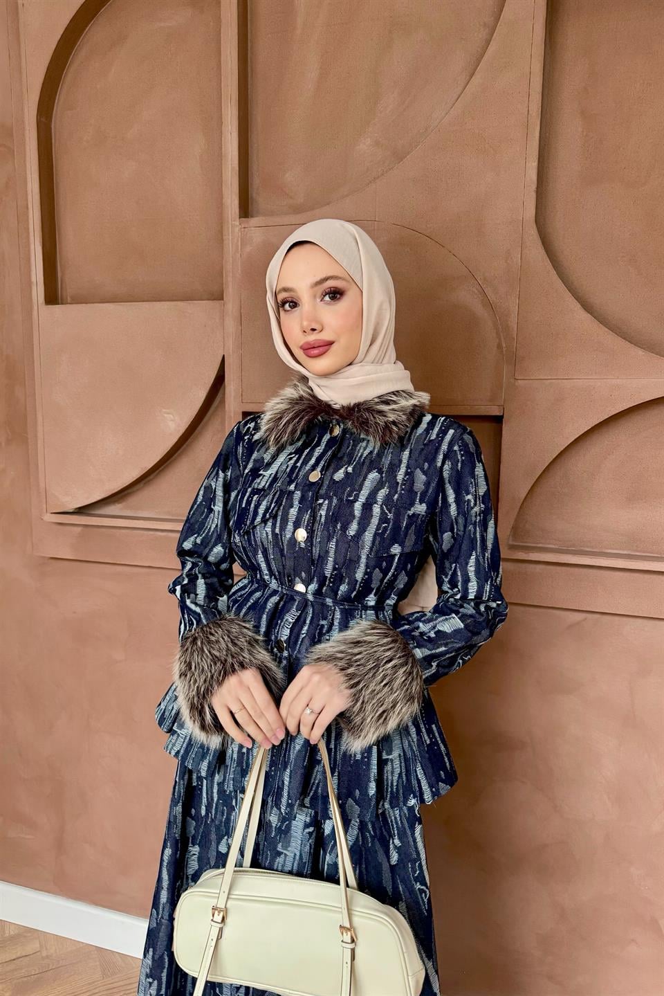 Kürklü Denim Etekli Takım - Mavi