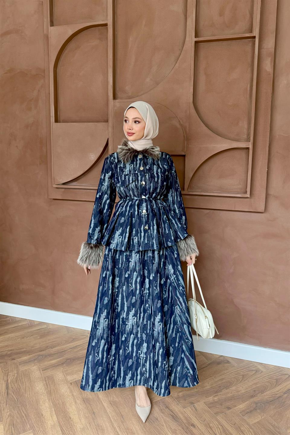 Kürklü Denim Etekli Takım - Mavi