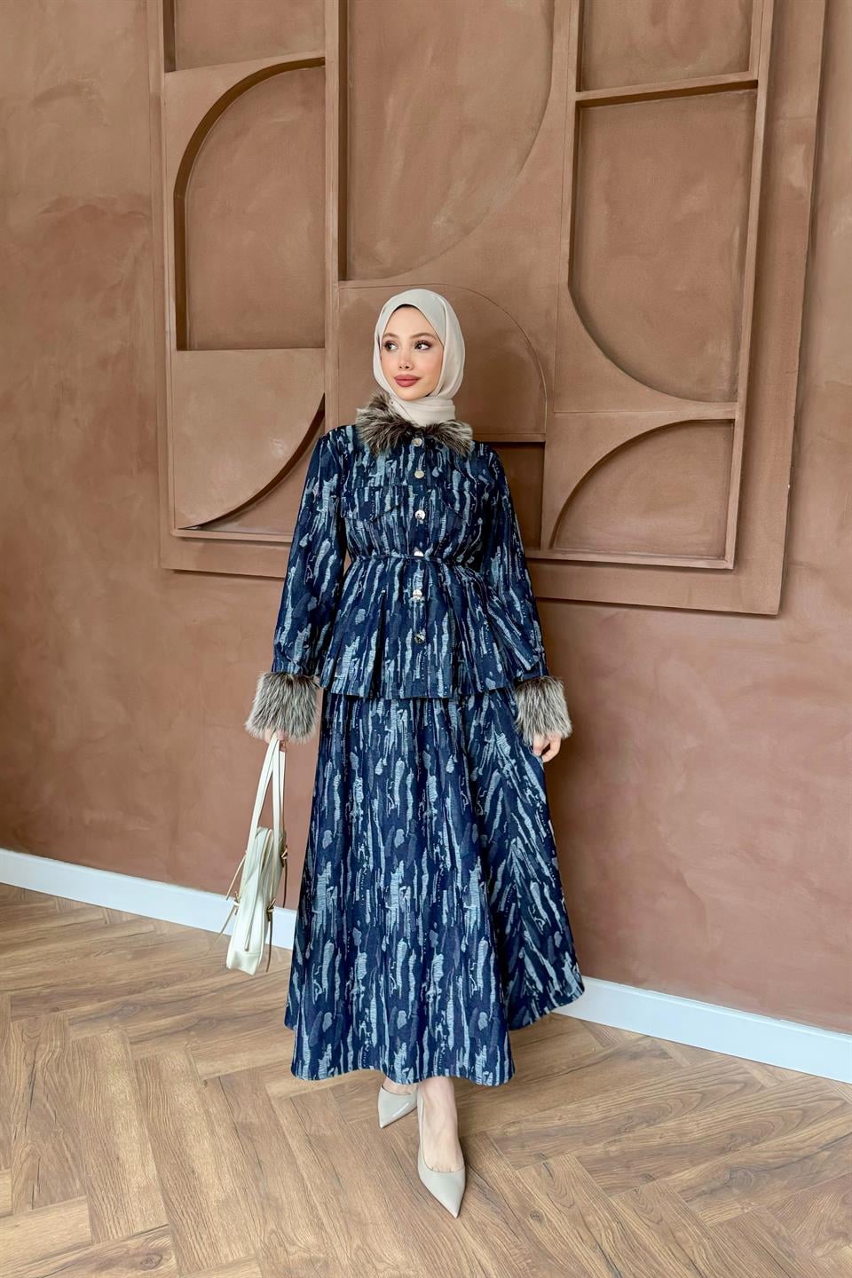 Kürklü Denim Etekli Takım - Mavi
