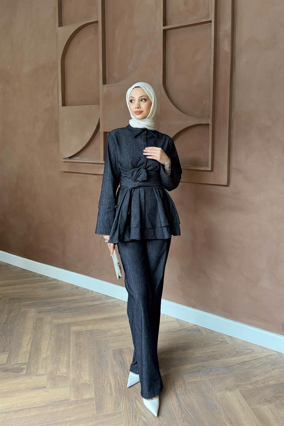 Kuşak Bağlamalı Kot Takım - Mavi