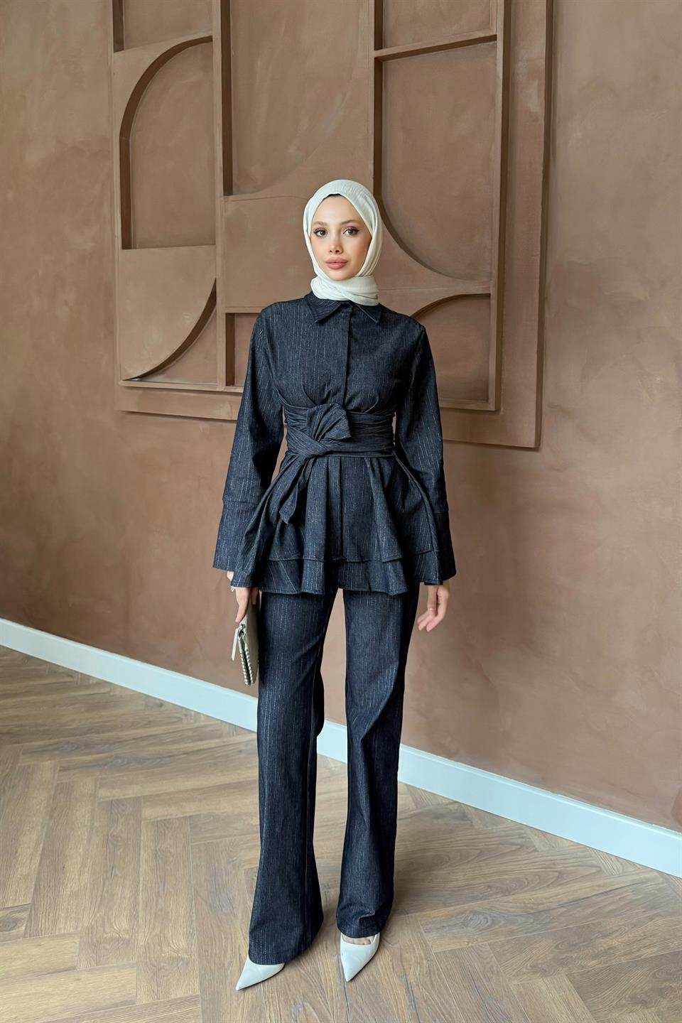 Kuşak Bağlamalı Kot Takım - Mavi