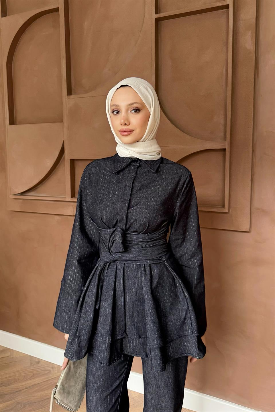 Kuşak Bağlamalı Kot Takım - Mavi