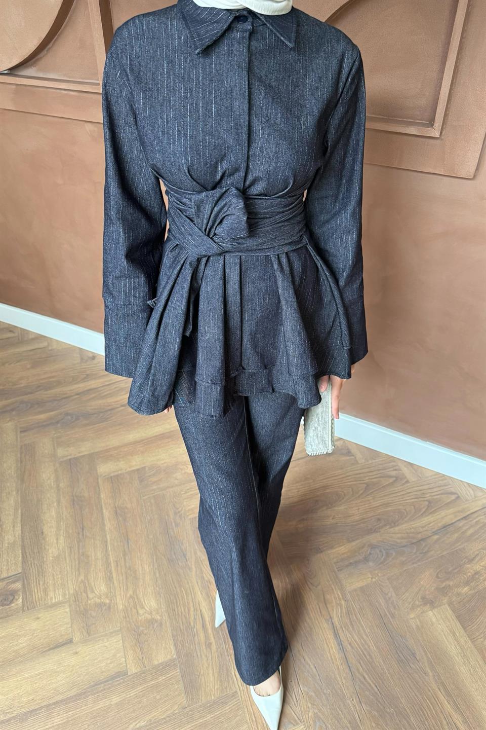 Kuşak Bağlamalı Kot Takım - Mavi