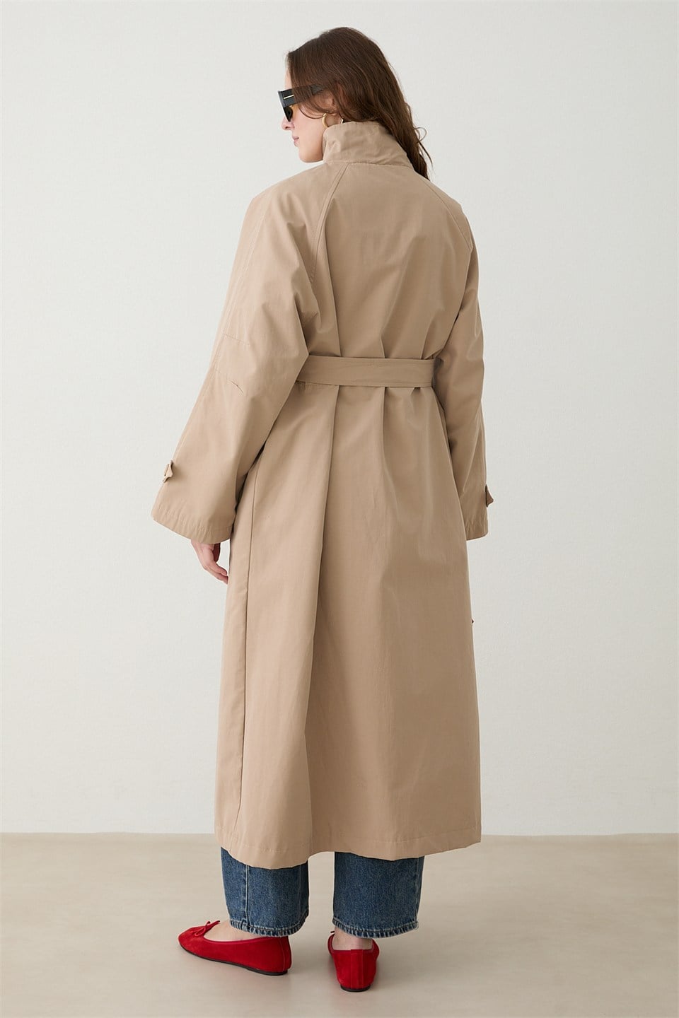 Kuşaklı Oversize Trençkot - Bej