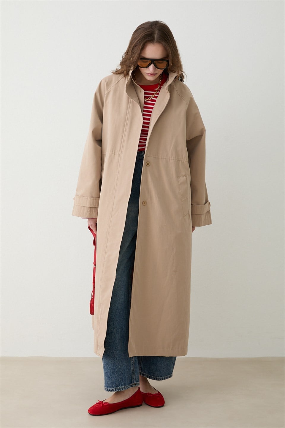 Kuşaklı Oversize Trençkot - Bej