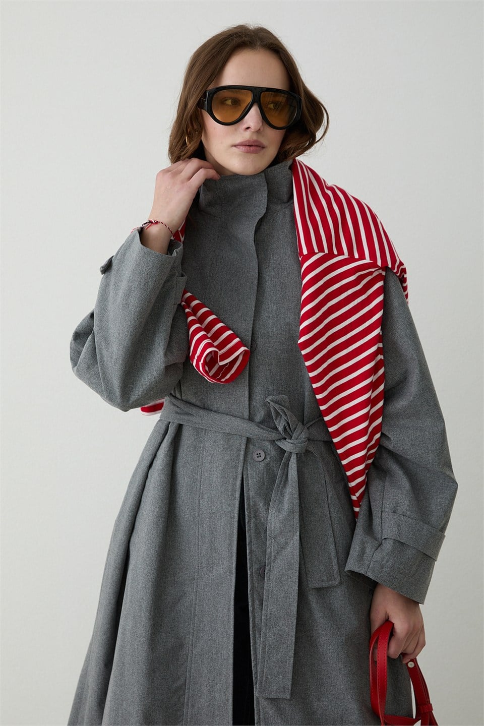 Kuşaklı Oversize Trençkot - Gri