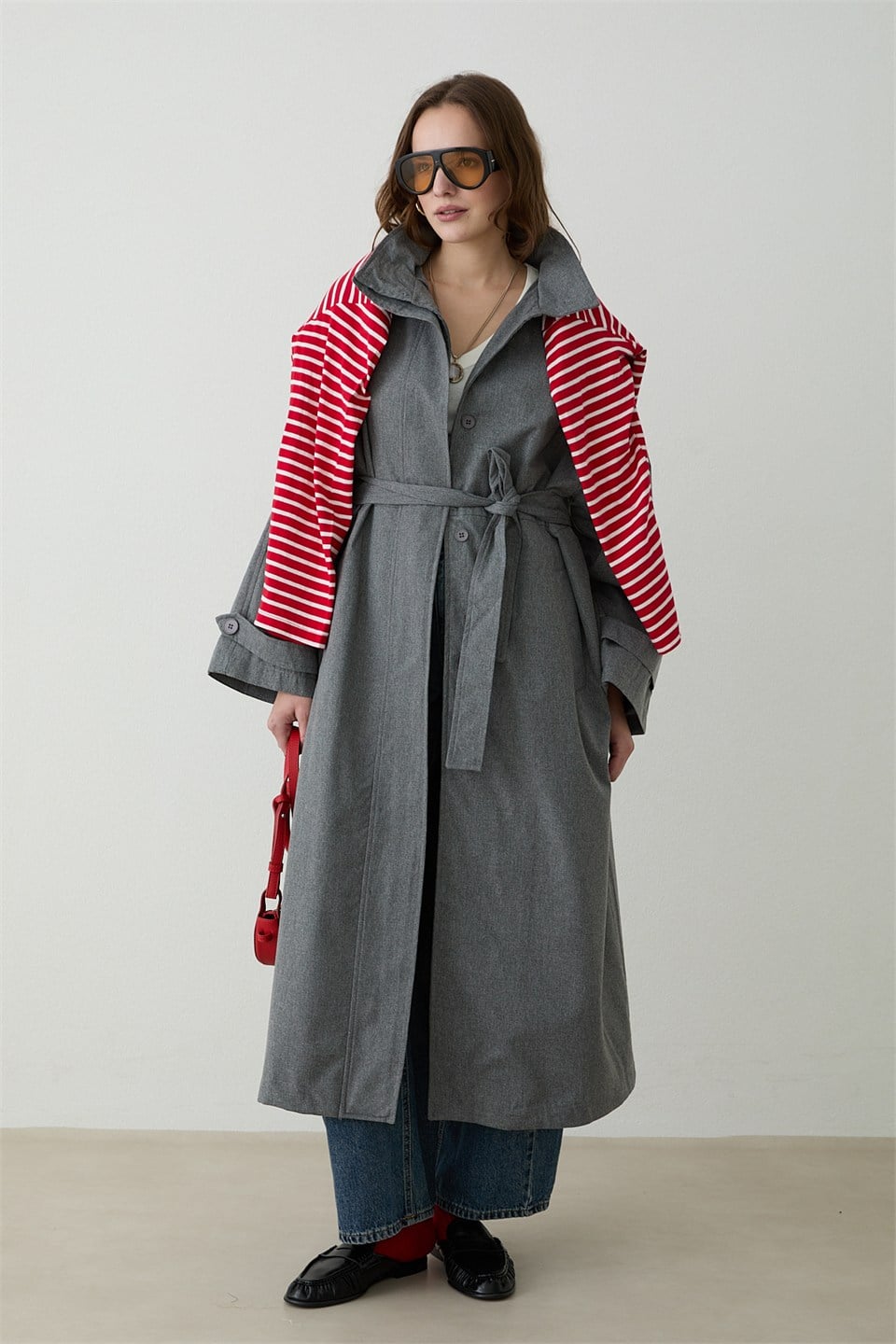Kuşaklı Oversize Trençkot - Gri