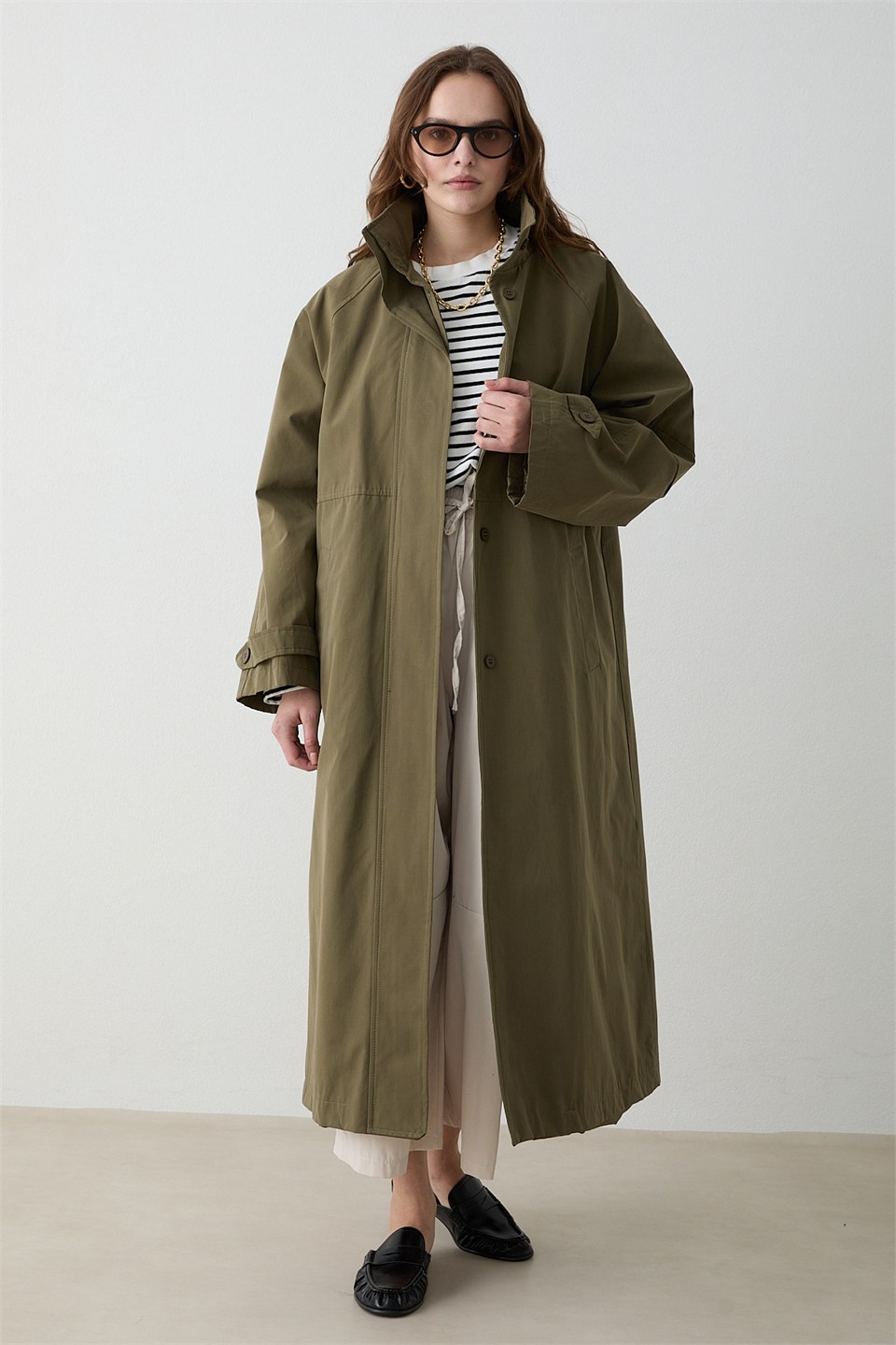 Kuşaklı Oversize Trençkot - Haki