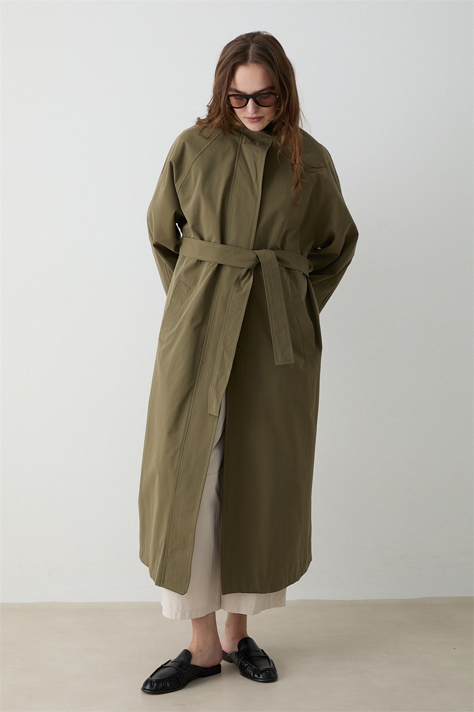 Kuşaklı Oversize Trençkot - Haki