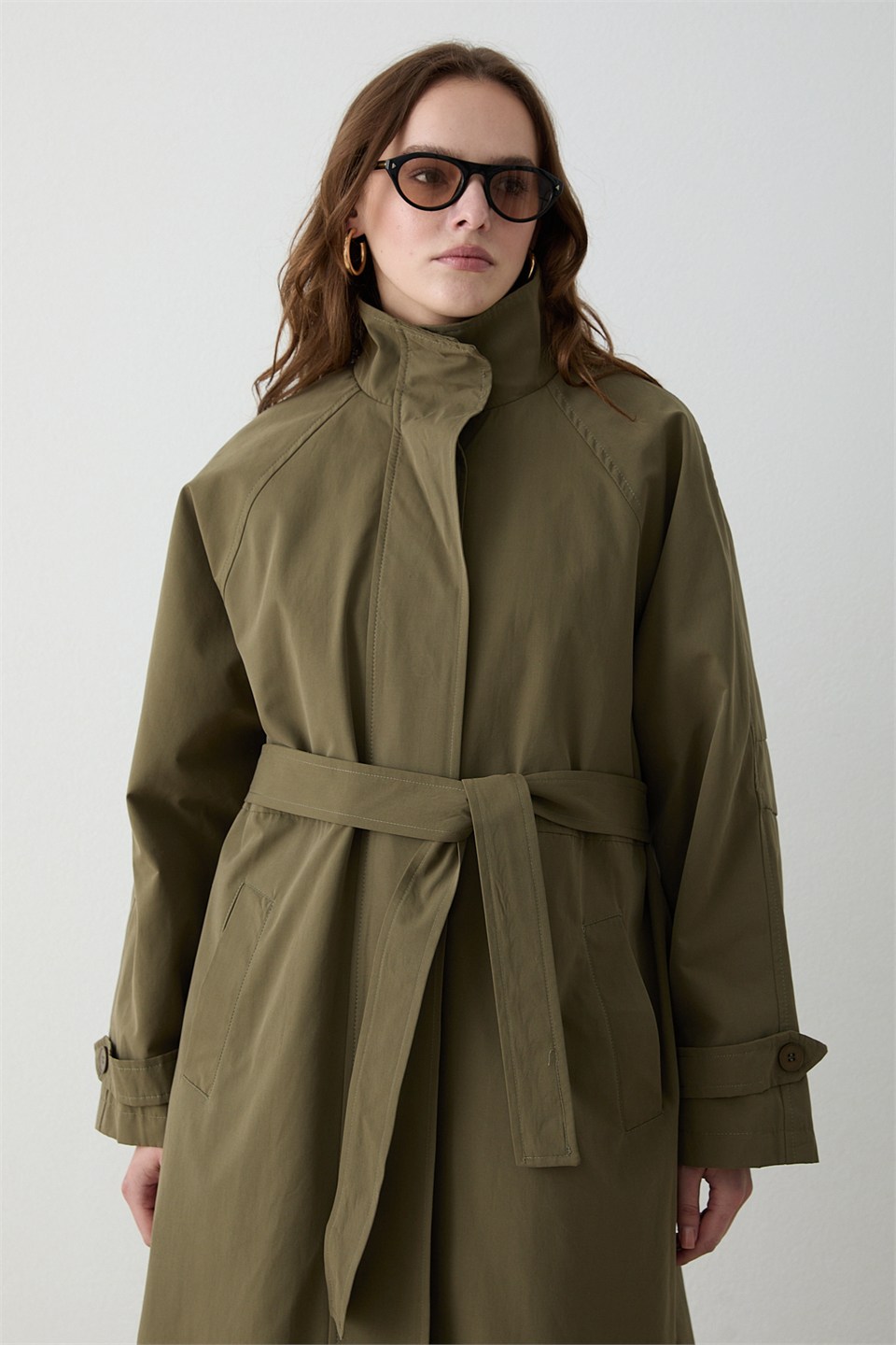 Kuşaklı Oversize Trençkot - Haki