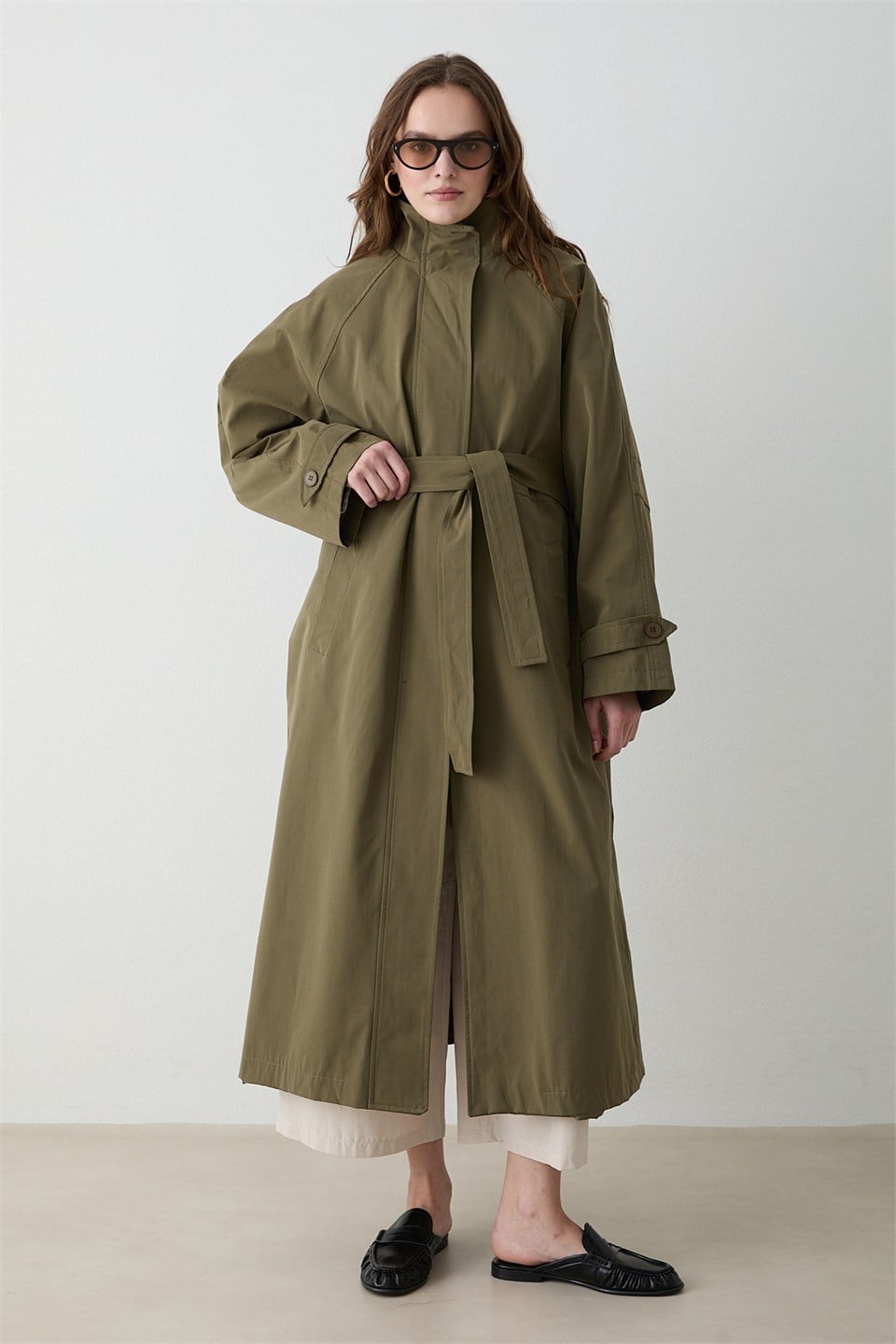 Kuşaklı Oversize Trençkot - Haki
