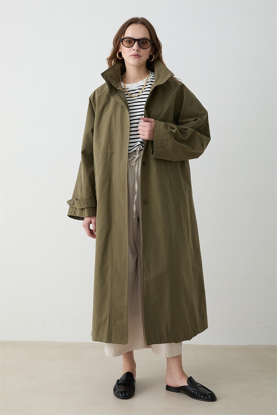 Kuşaklı Oversize Trençkot - Haki