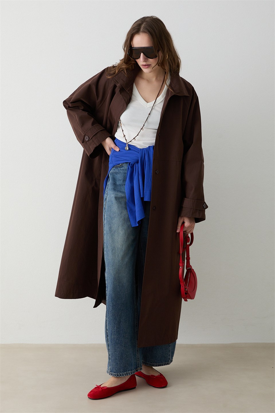 Kuşaklı Oversize Trençkot - Kahve