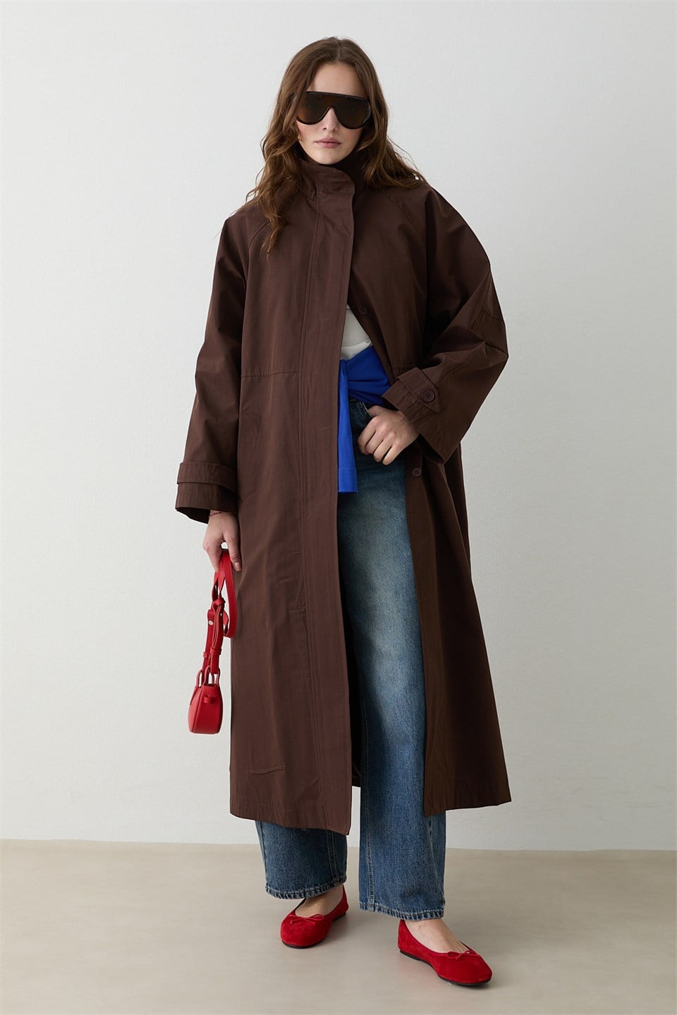 Kuşaklı Oversize Trençkot - Kahve