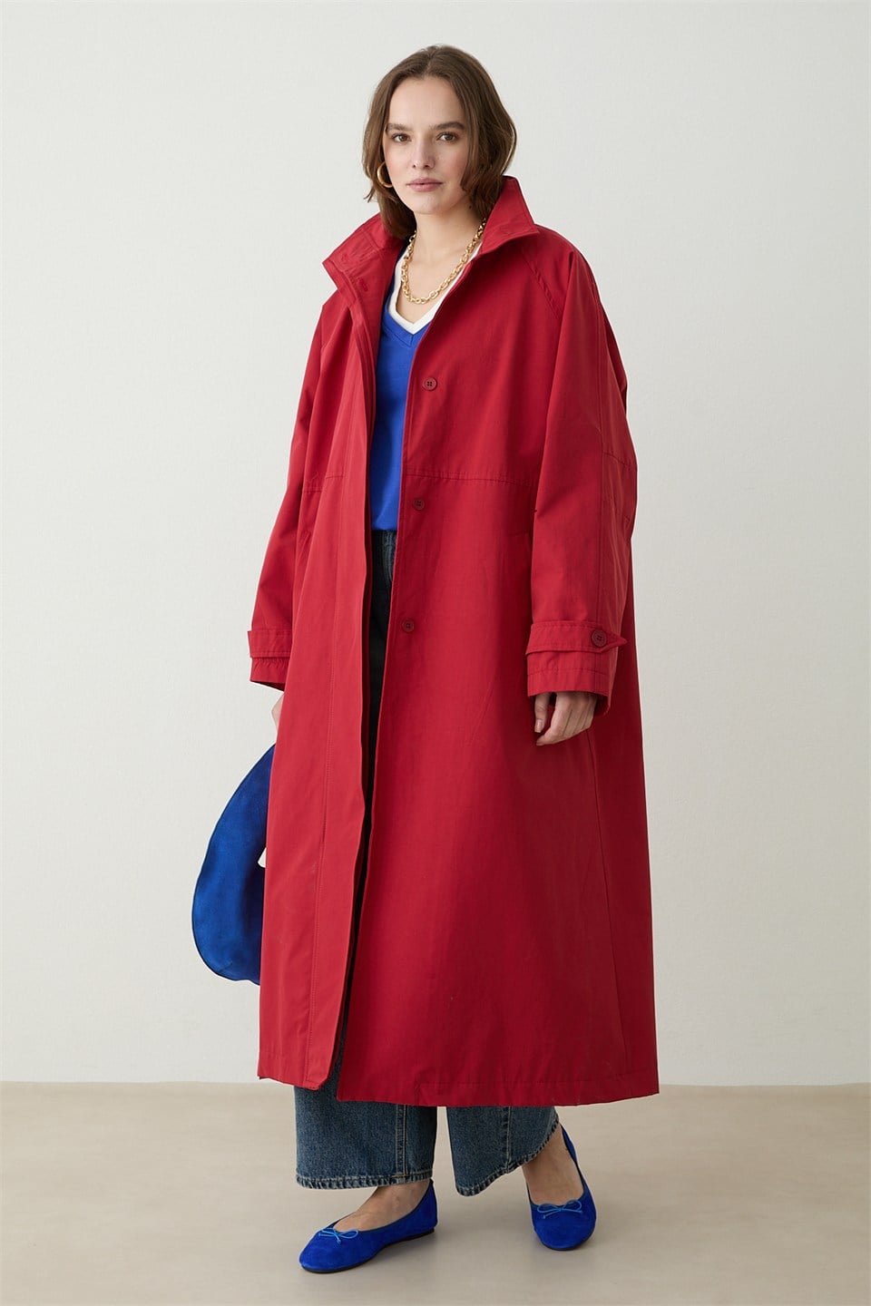 Kuşaklı Oversize Trençkot - Kırmızı