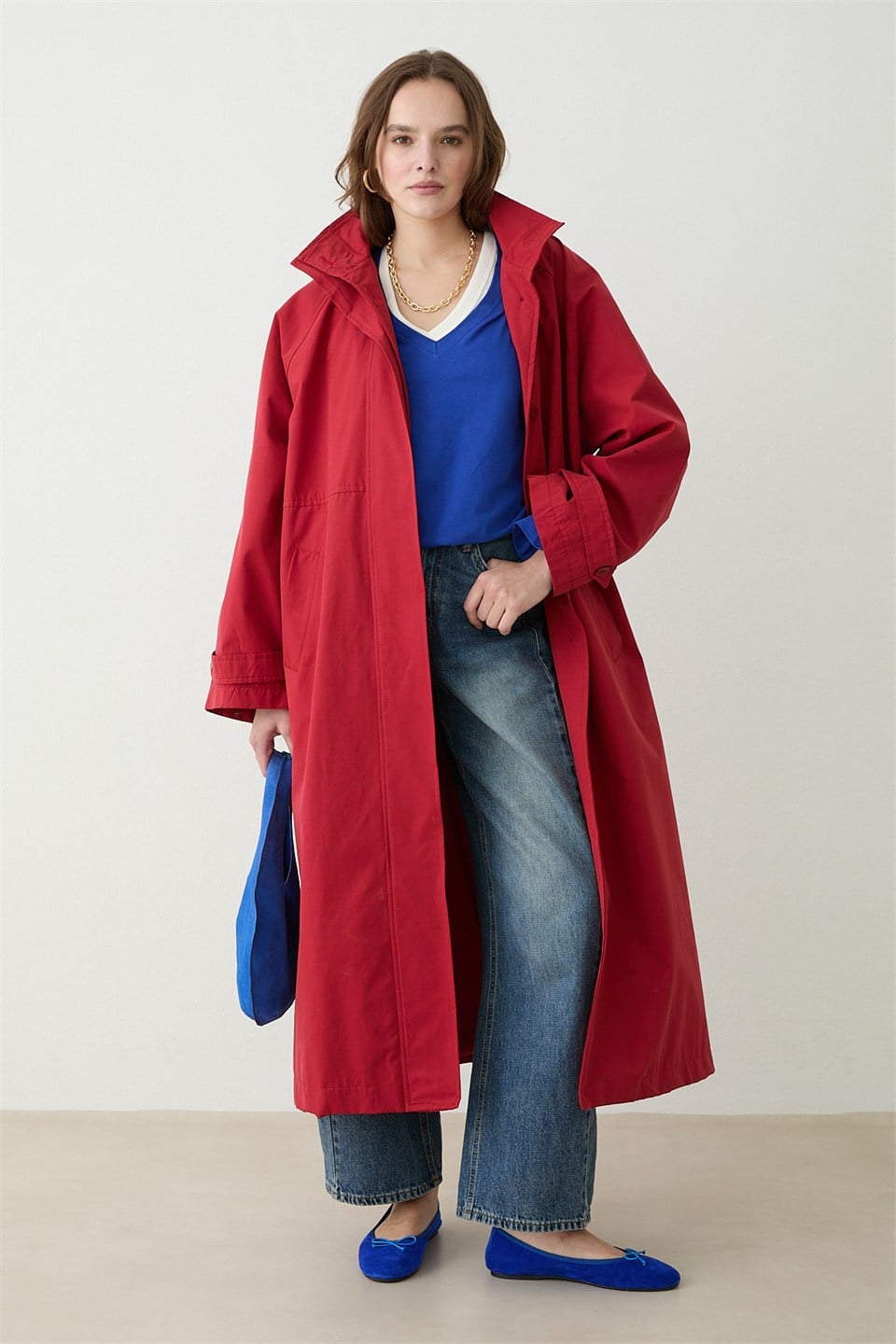 Kuşaklı Oversize Trençkot - Kırmızı