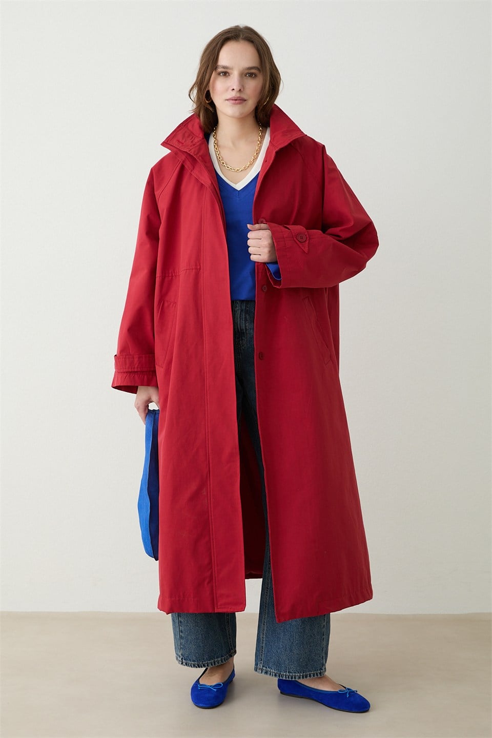 Kuşaklı Oversize Trençkot - Kırmızı