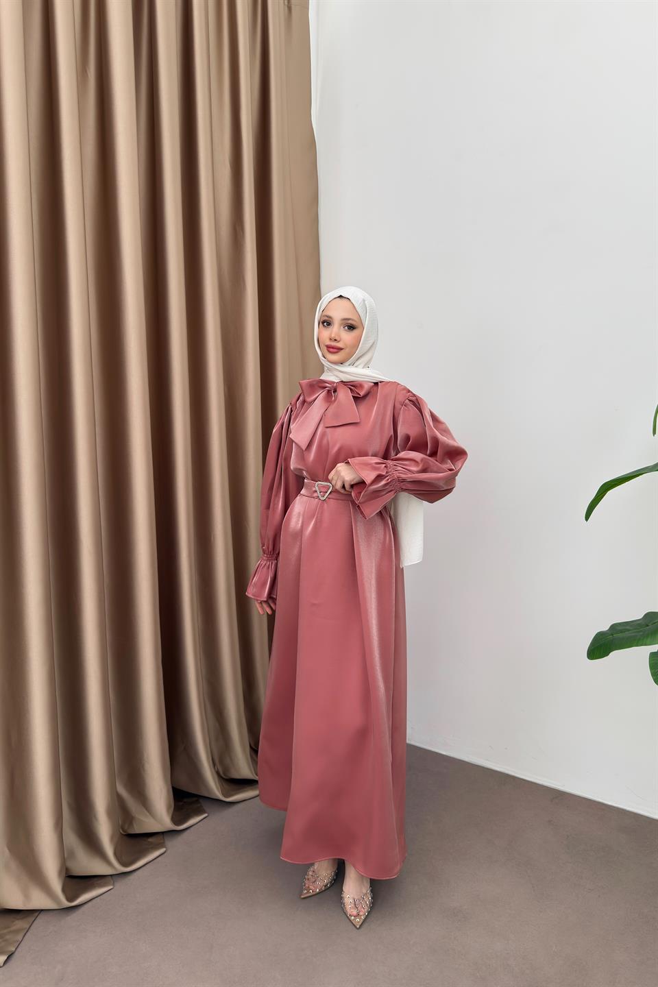 Kuşaklı Saten Elbise - Pudra
