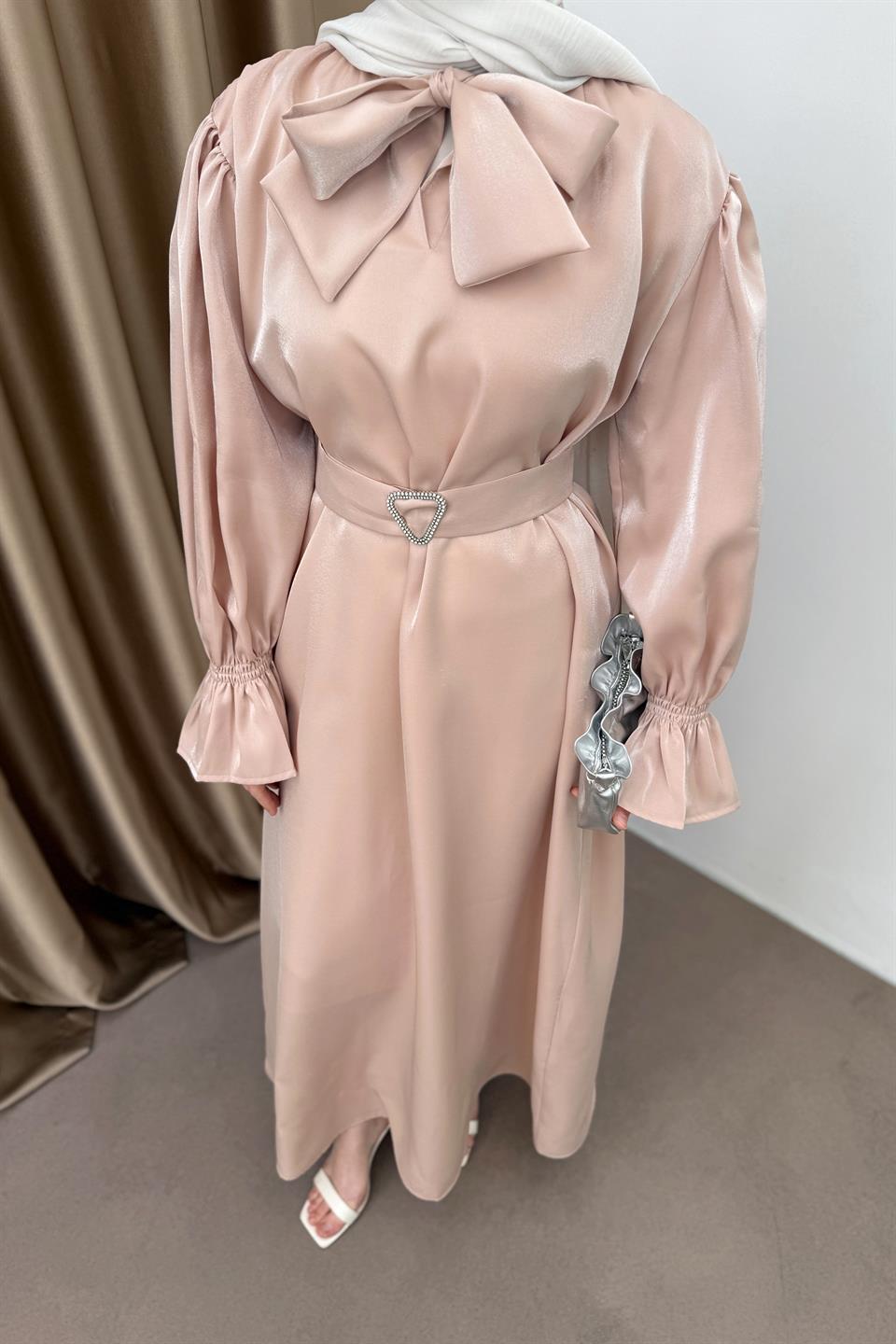 Kuşaklı Saten Elbise - Somon