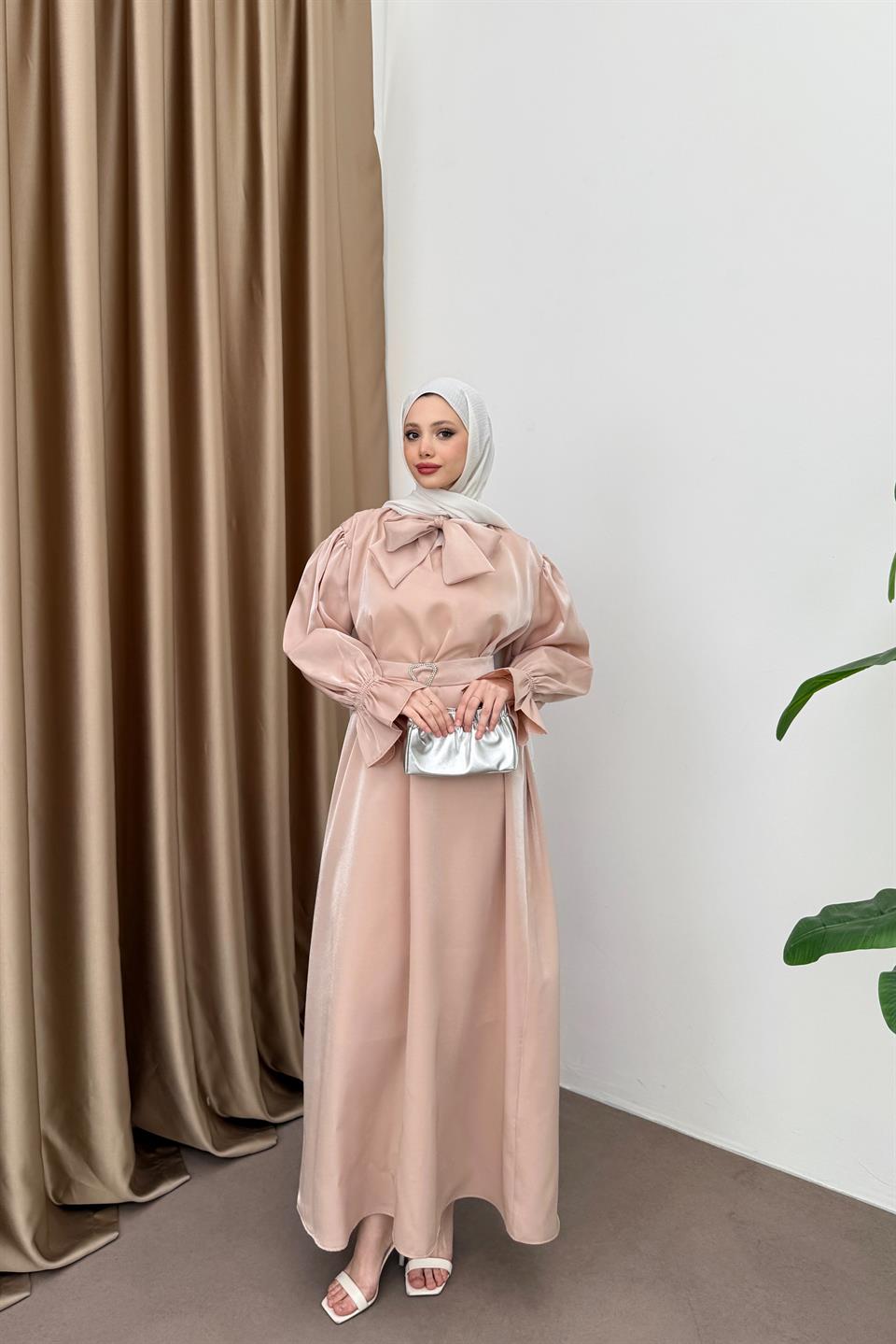 Kuşaklı Saten Elbise - Somon